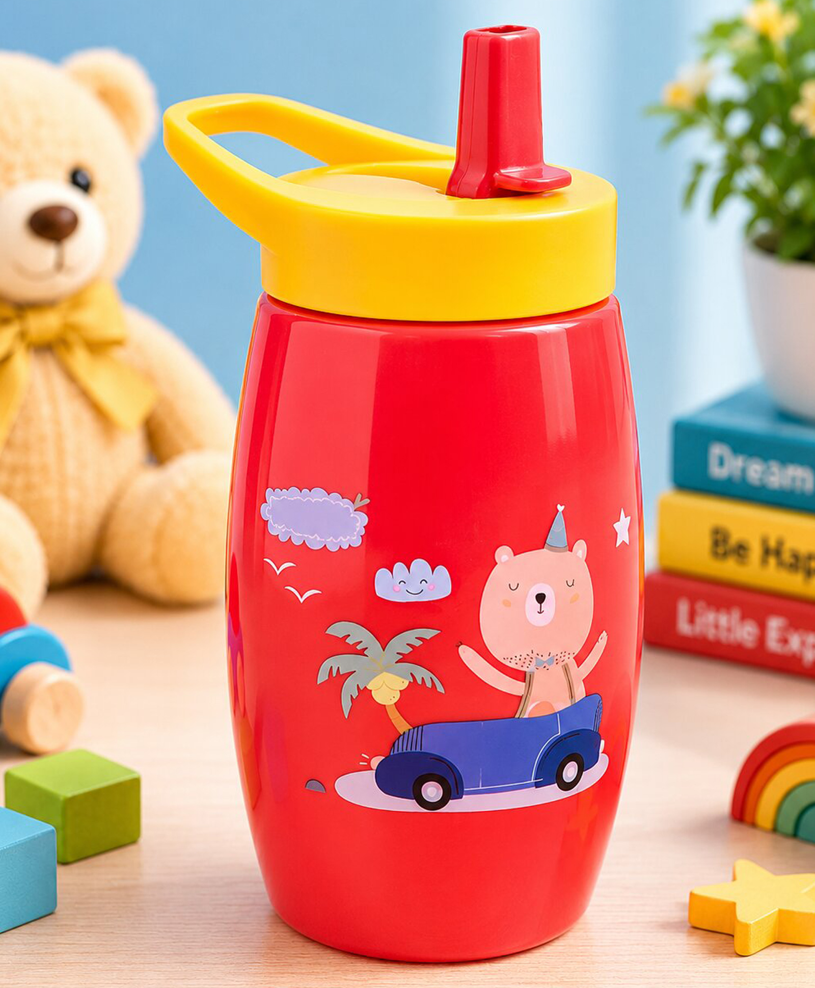 Adore Kiddo Flip to Sip Sports Sipper with Handle- 420ml -Red-image-16