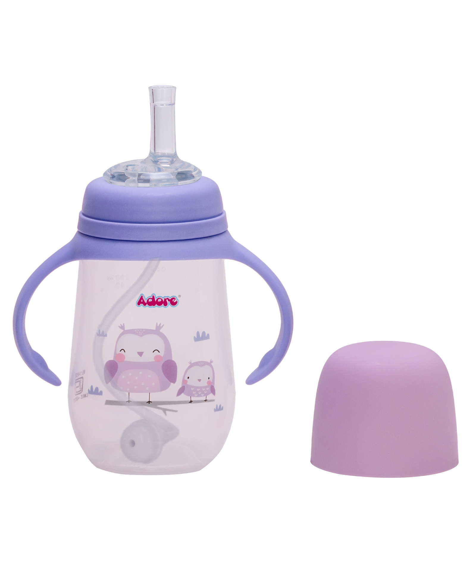 Adore Great Britain Wide Neck Straw Sipper with Gravity Ball and Twin Handle- 250ml- Purple Owl-image-6