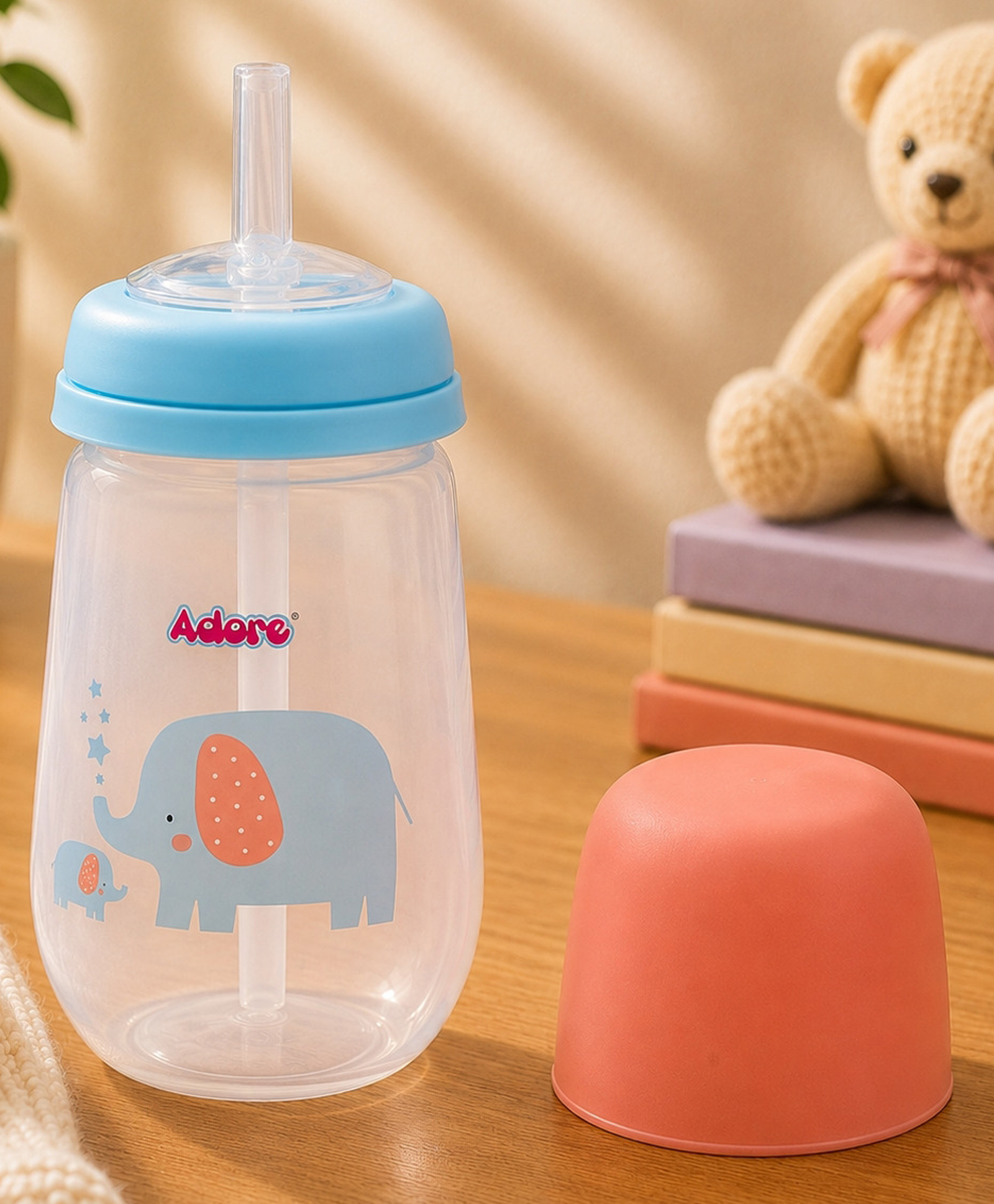 Adore Zeta Wide Neck Soft Straw Sipper with Dust Free Cap -250ml- Blue Elephant-image-15