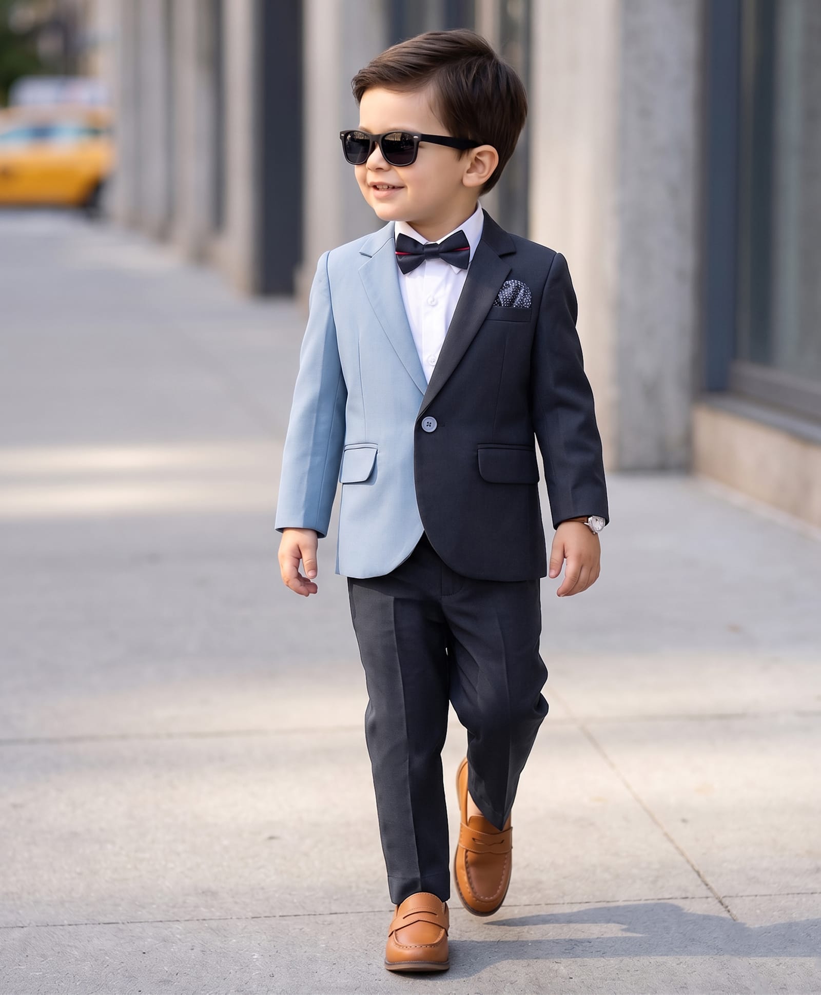 Robo Fry Woven Full Sleeves Solid 3 Piece Party Suit With Bow - Navy Blue & Grey-picture-29