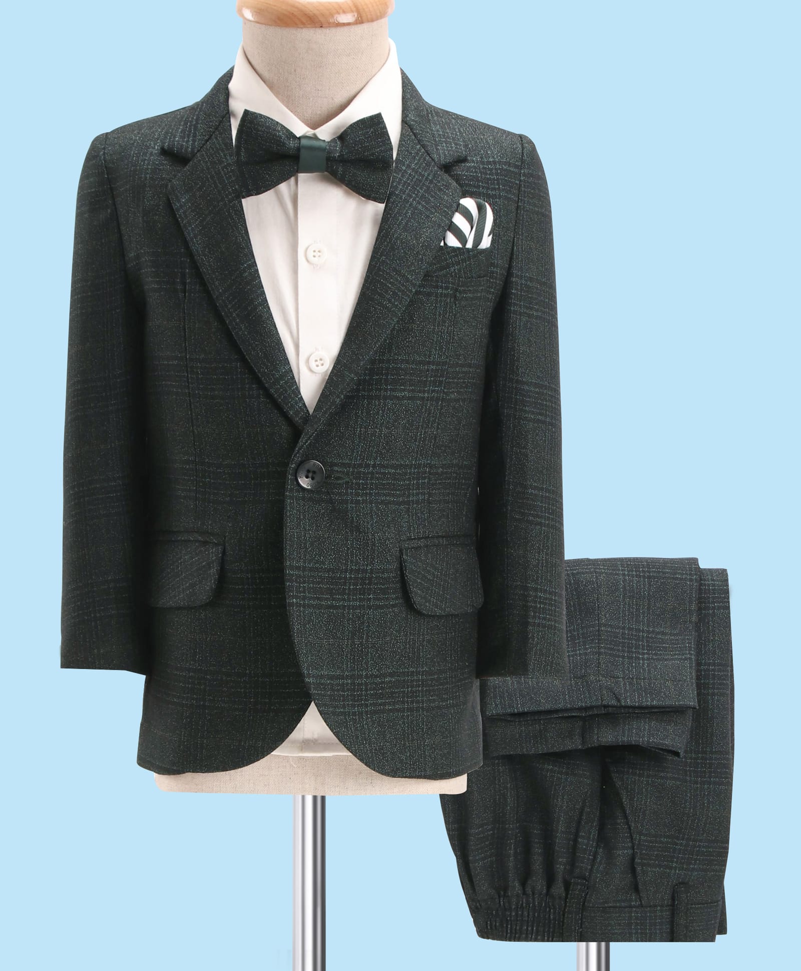 Robo Fry Woven Full Sleeves Solid 3 Piece Party Suit With Bow - Dark Green-picture-32