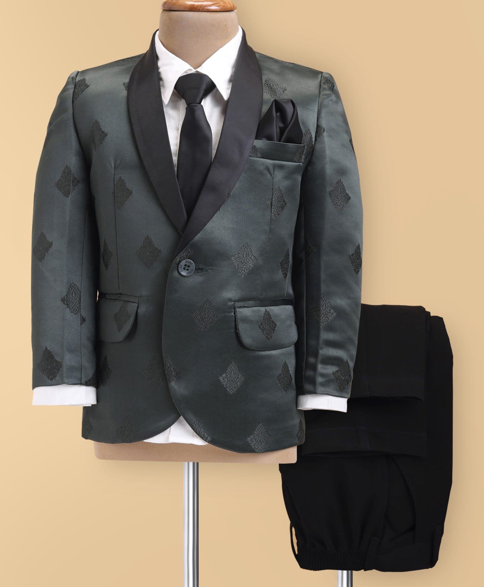 Robo Fry Woven Full Sleeves Embroidered 3 Piece Party Suit with Tie - Dark Green-picture-41