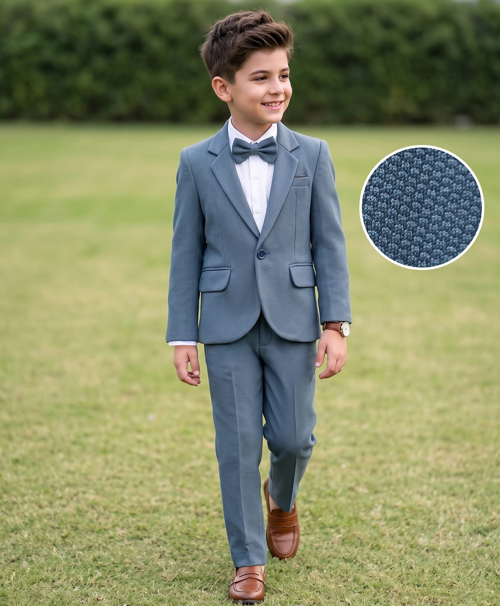 Robo Fry Woven Full Sleeves Solid 3 Piece Party Suit With Bow - Grey-picture-34