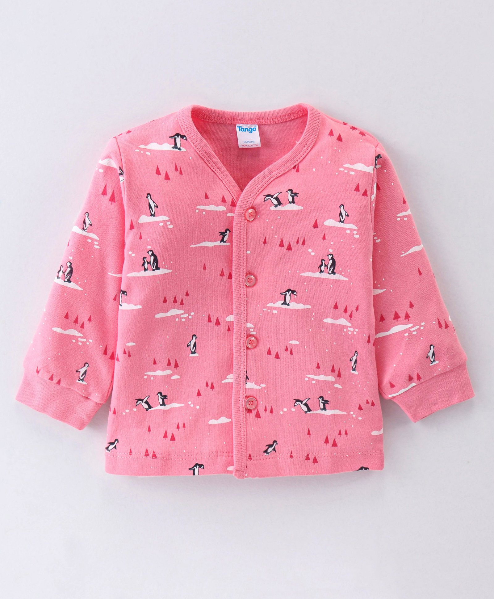 Tango Interlock Cotton Knit Full Sleeves Front Open Vest with Penguin Print - Pink-image-11