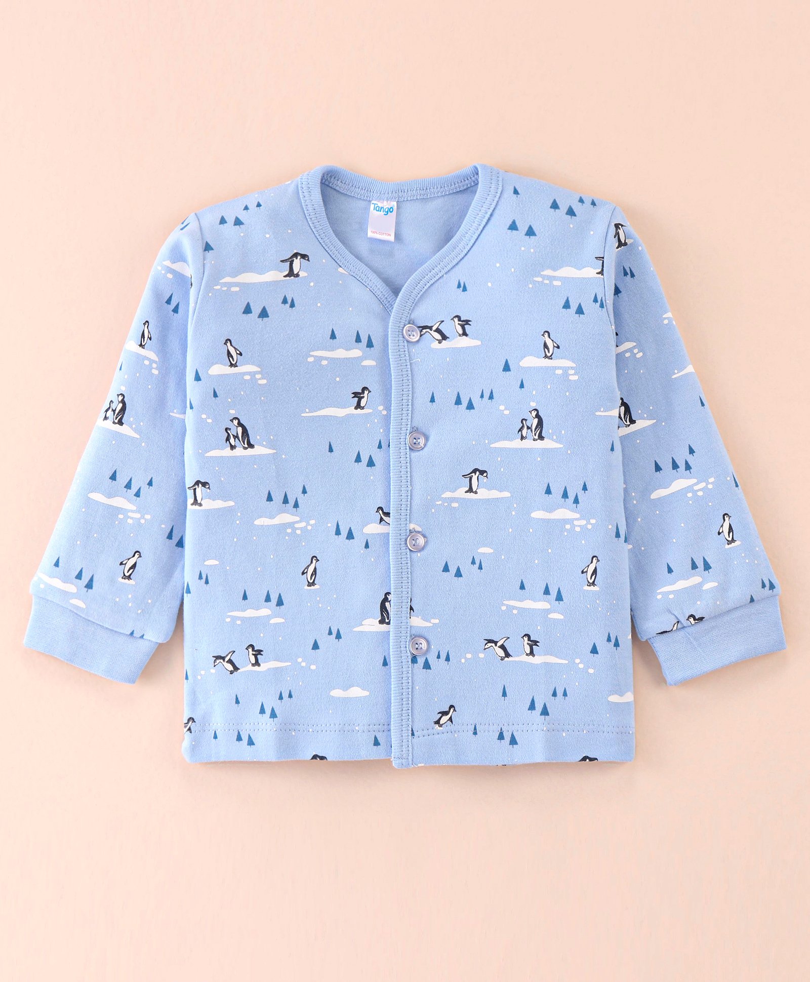 Tango Interlock Cotton Knit Full Sleeves Front Open Vest with Penguin Print - Sky Blue-image-47