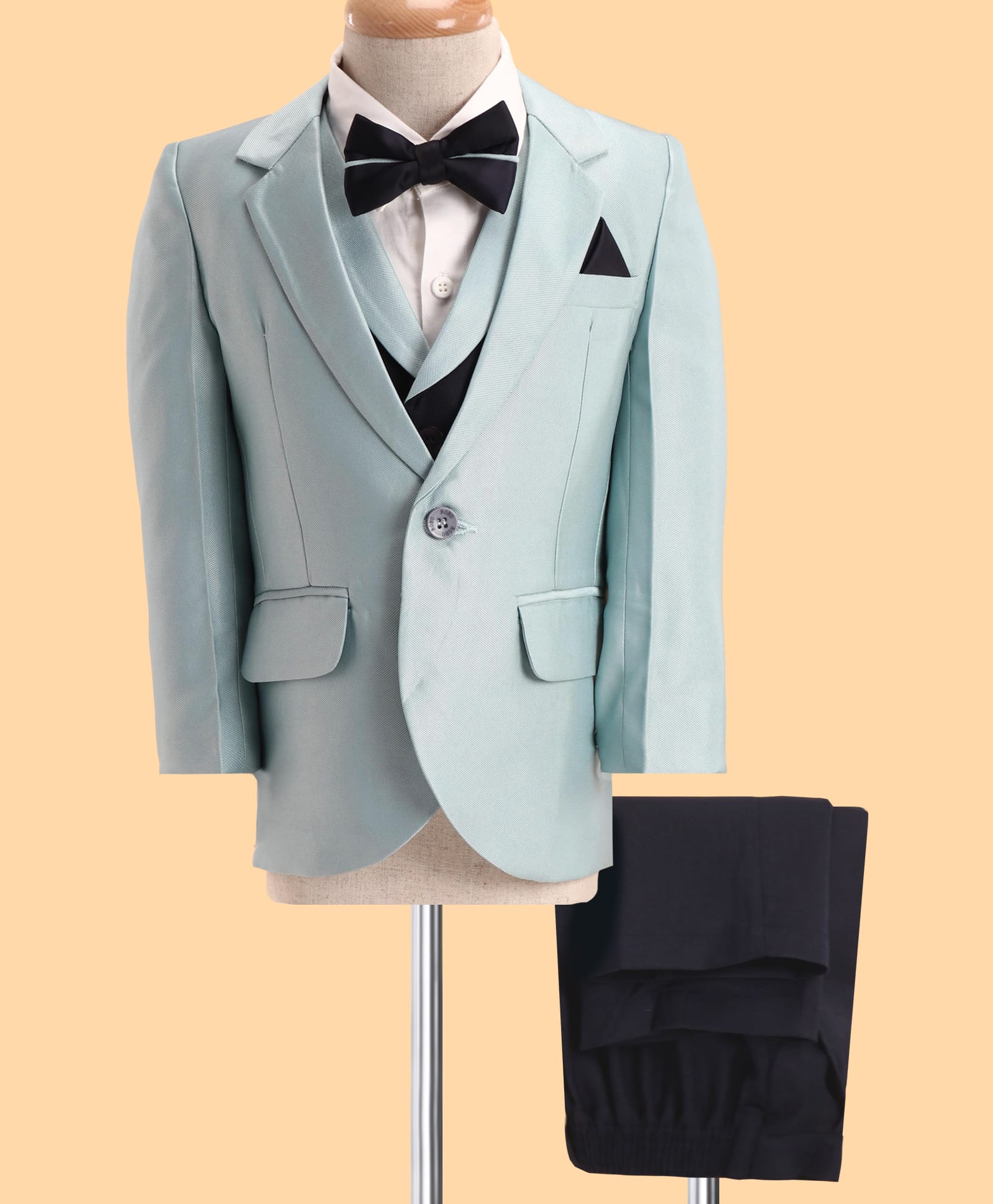 Robo Fry Woven Full Sleeves Solid Colour 4 Piece Party Suit with Bow - Light Blue-image-41
