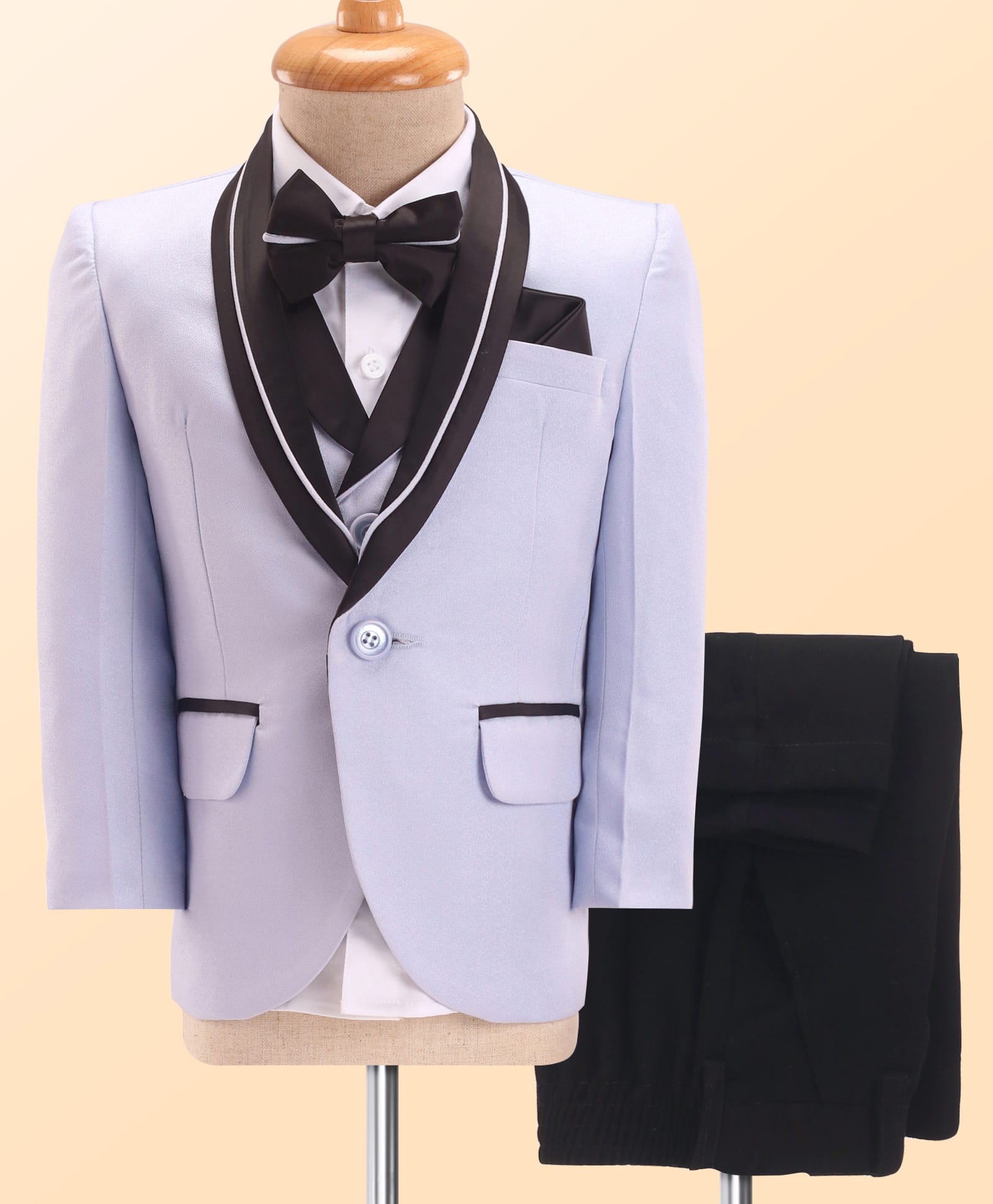 Robo Fry Woven Full Sleeves Solid Colour 4 Piece Party Suit with Bow - Light Blue-picture-15
