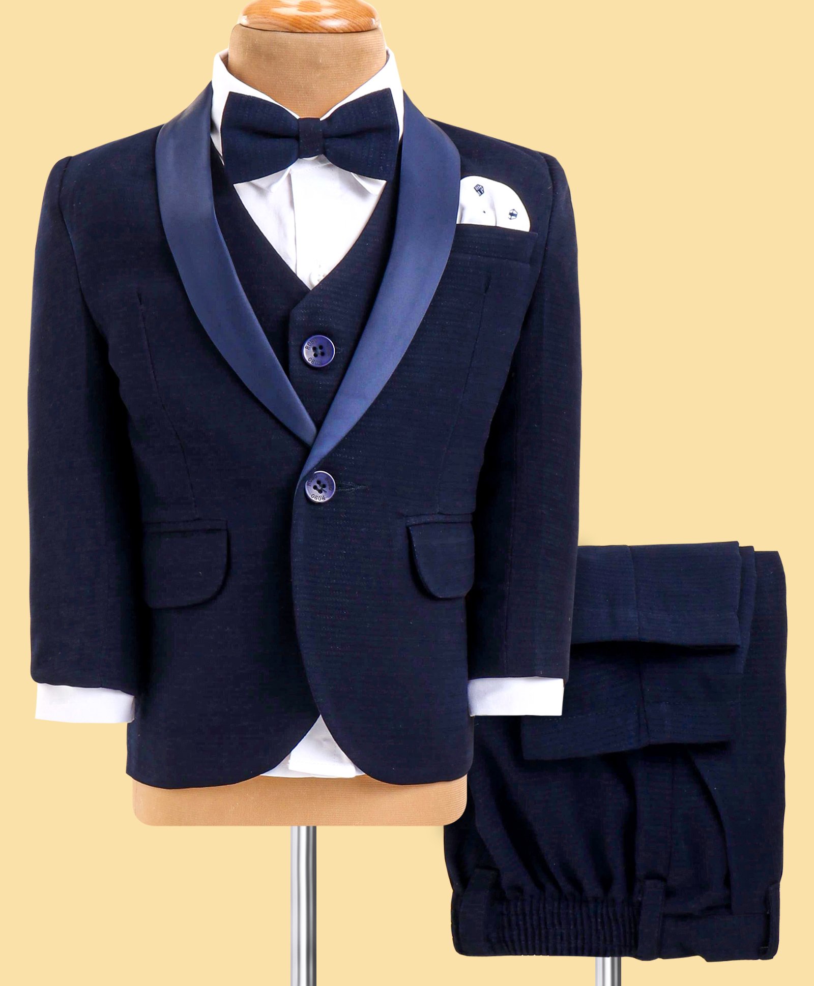 Robo Fry Lycra Knit Full Sleeves Solid Colour 4 Piece Party Suit with Bow - Navy Blue-image-40