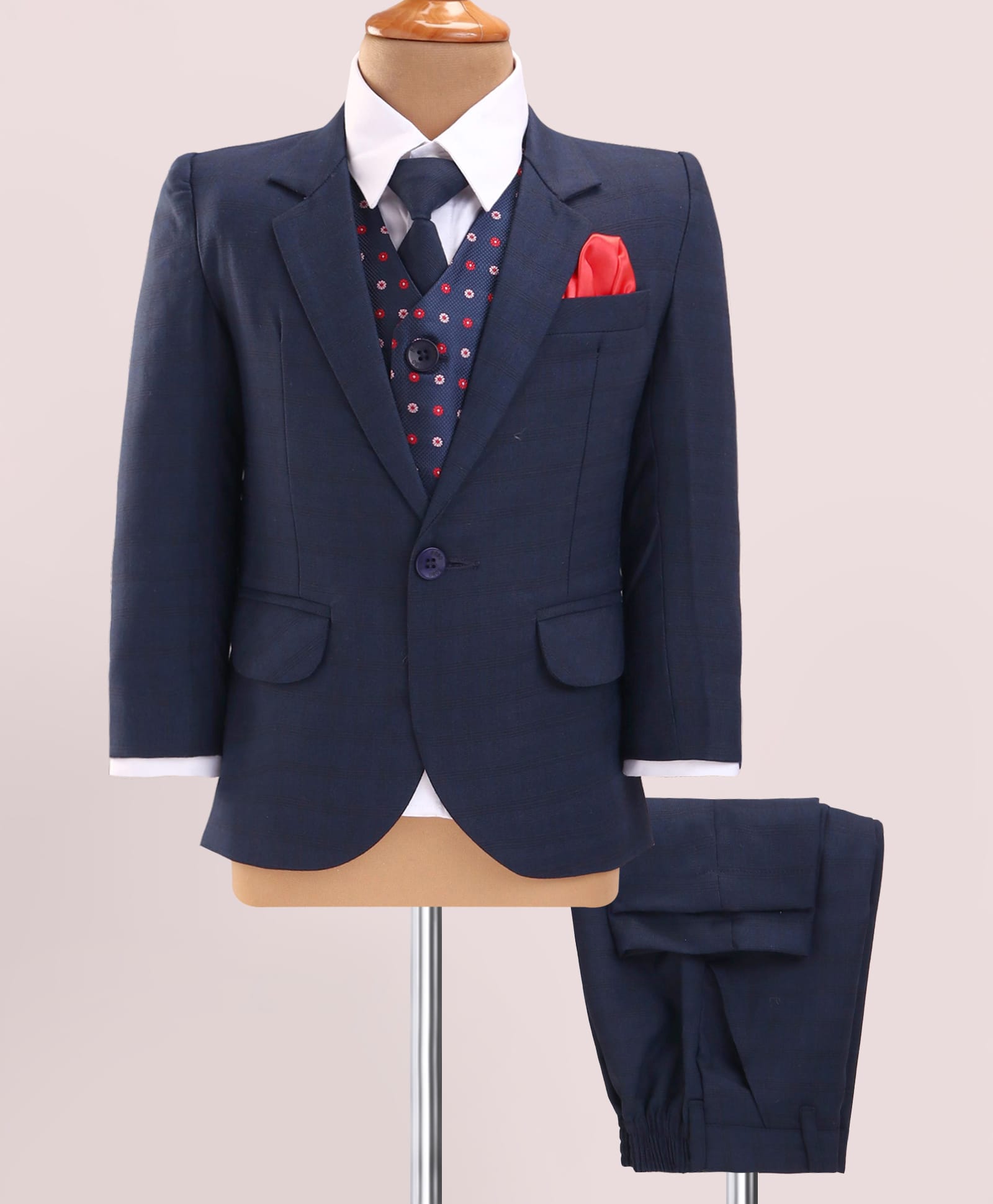 Robo Fry Woven Full Sleeves Floral Printed 4 Piece Party Suit With Tie - Navy Blue-image-30