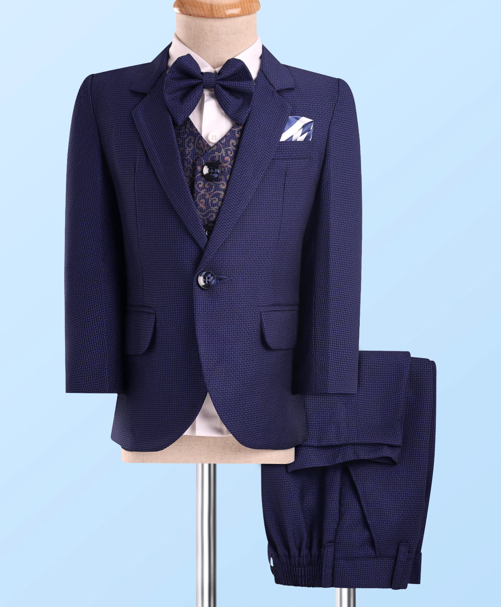 Robo Fry Woven Full Sleeves Solid 4 Piece Party Suit with Bow - Blue-picture-33