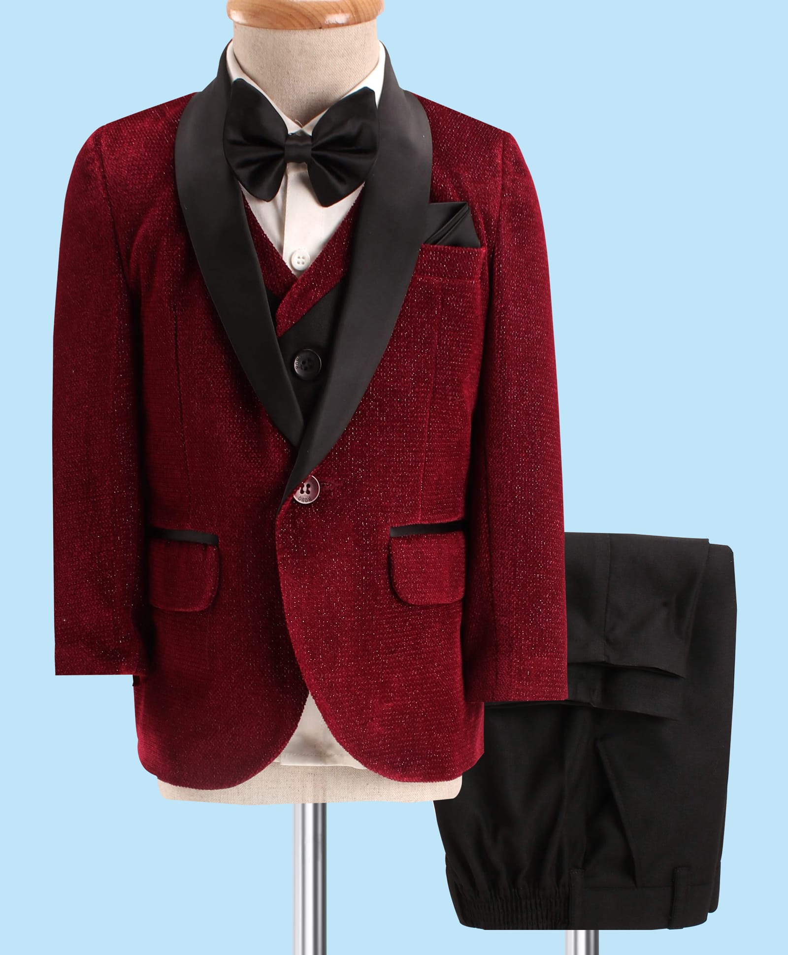 Robo Fry Woven Full Sleeves Solid Colour Textured 4 Piece Party Suit with Bow- Maroon-picture-23