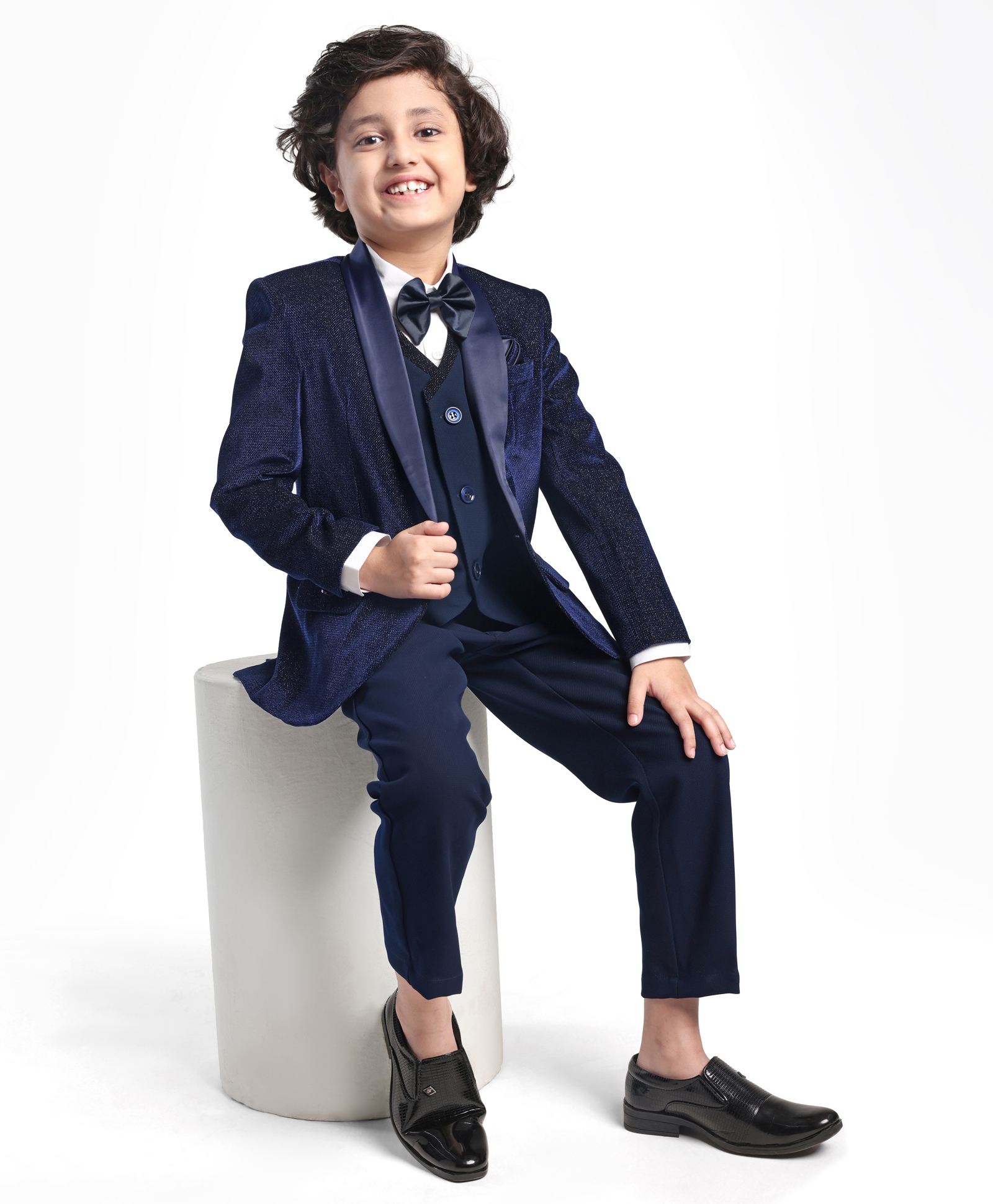Robo Fry Woven Full Sleeves Solid Colour 4 Piece Party Suit with Bow - Navy Blue-picture-14