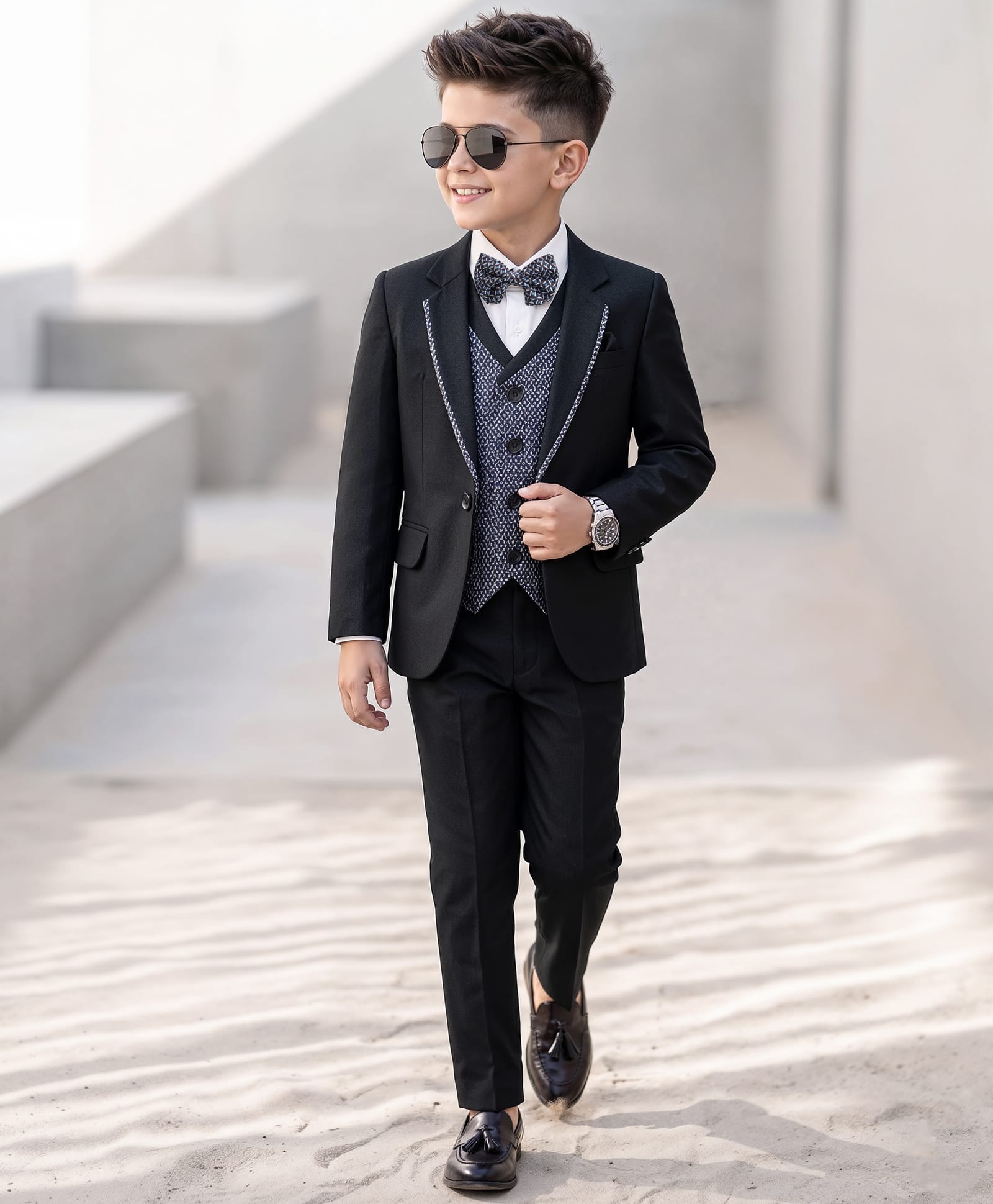 Robo Fry Woven Full Sleeves Solid Colour 4 Piece Party Suit with Bow - Black-picture-37