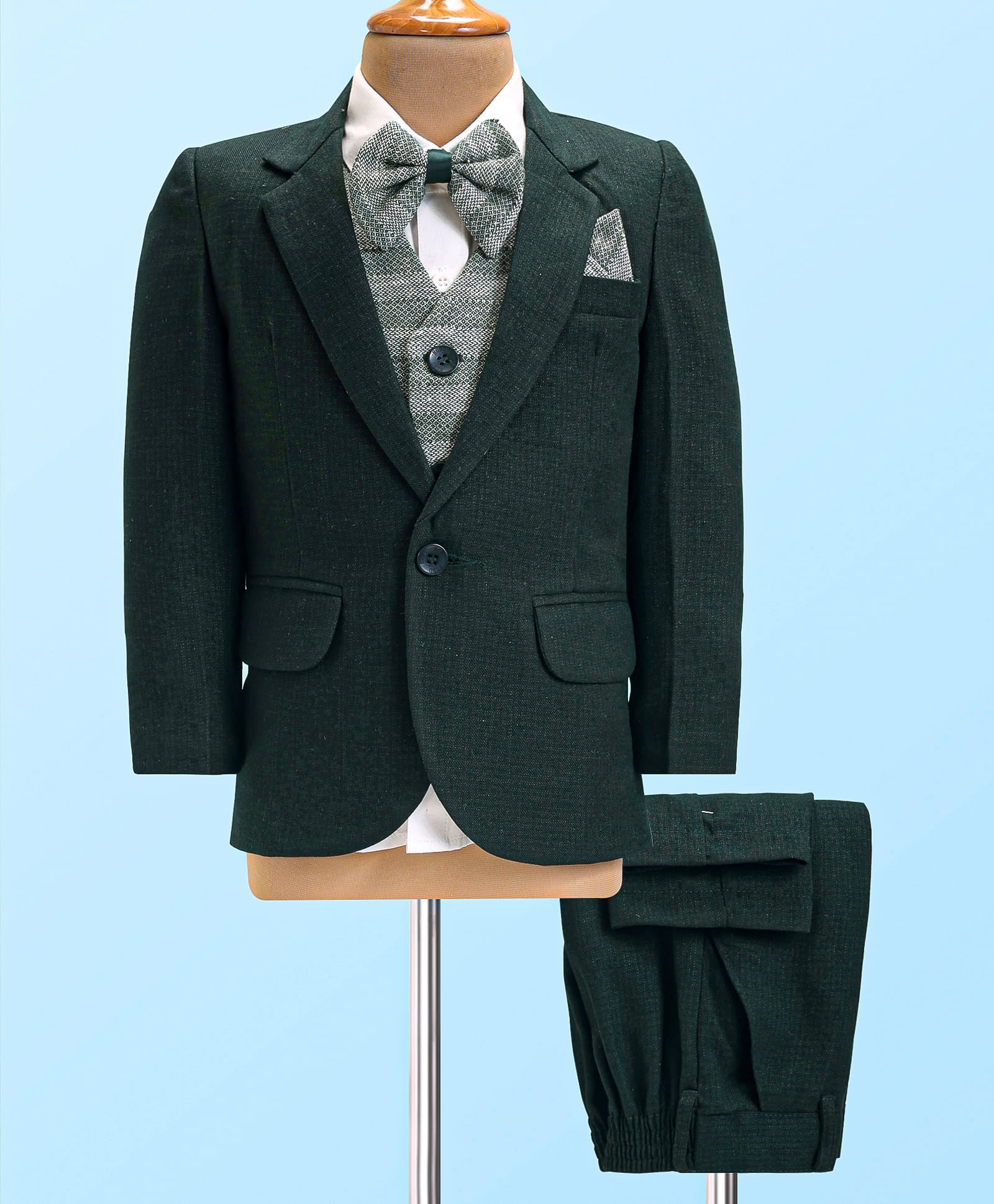 Robo Fry Woven Full Sleeves Striped 4 Piece Party Suit With Bow - Dark Green-picture-10