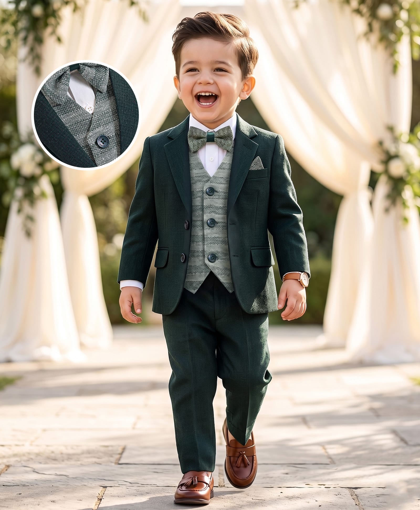 Robo Fry Woven Full Sleeves Striped 4 Piece Party Suit With Bow - Dark Green-picture-34