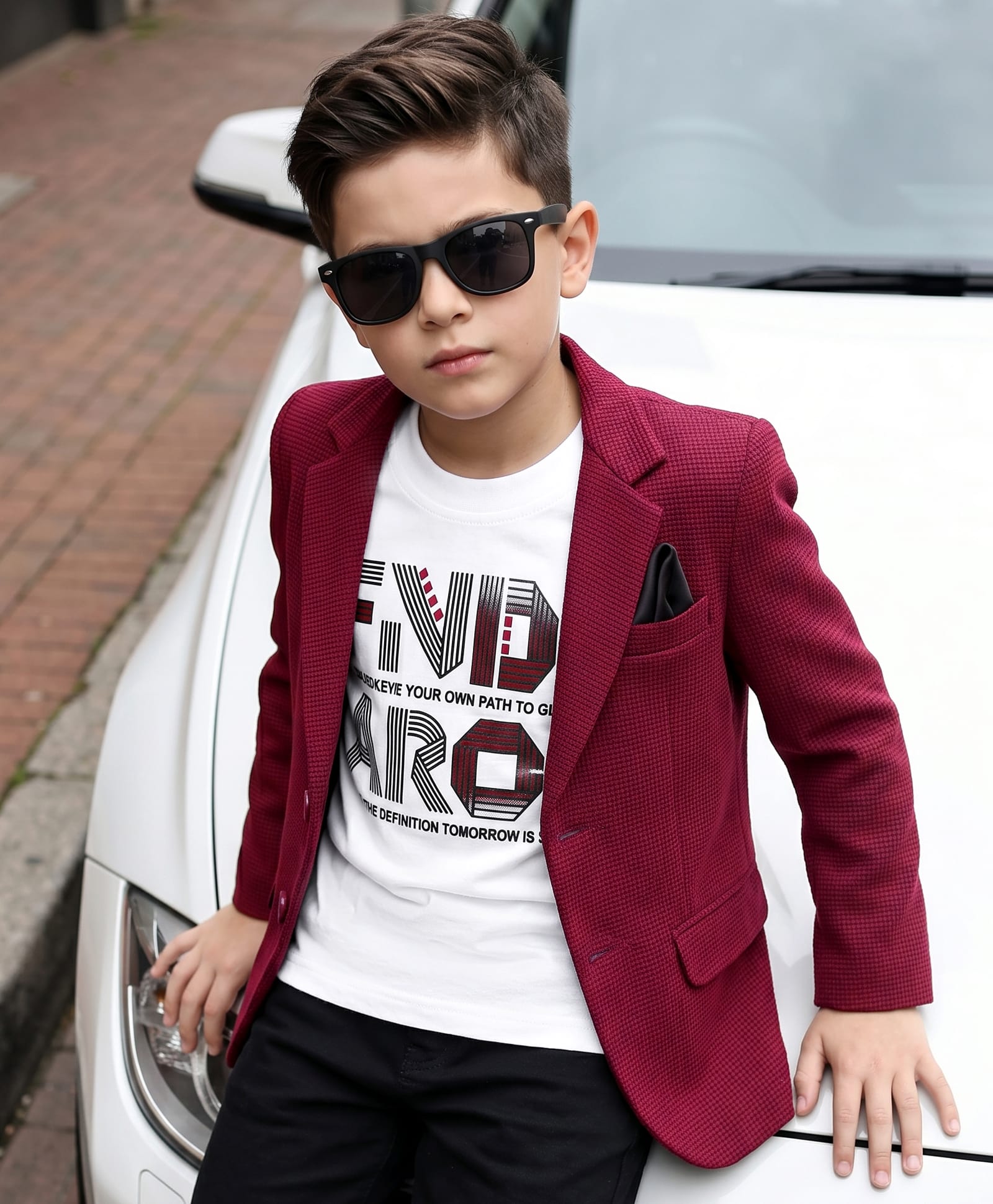 Robo Fry Woven Full Sleeves Solid Colour Blazer & Text Printed- Maroon & White-picture-19