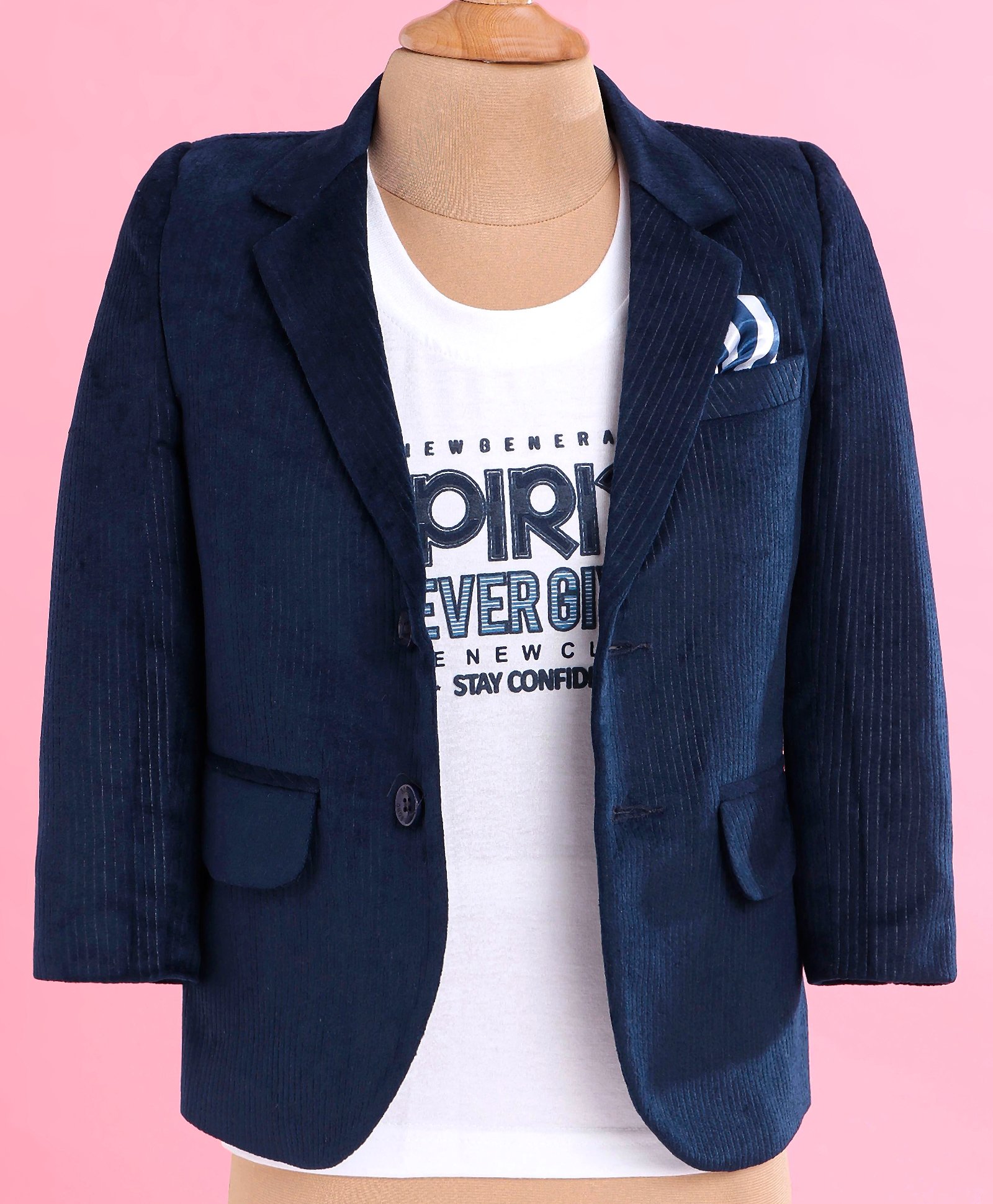 Robo Fry Velvet Woven Full Sleeves Solid Colour Blazer with Text Printed T-Shirt - Navy Blue & White-picture-24