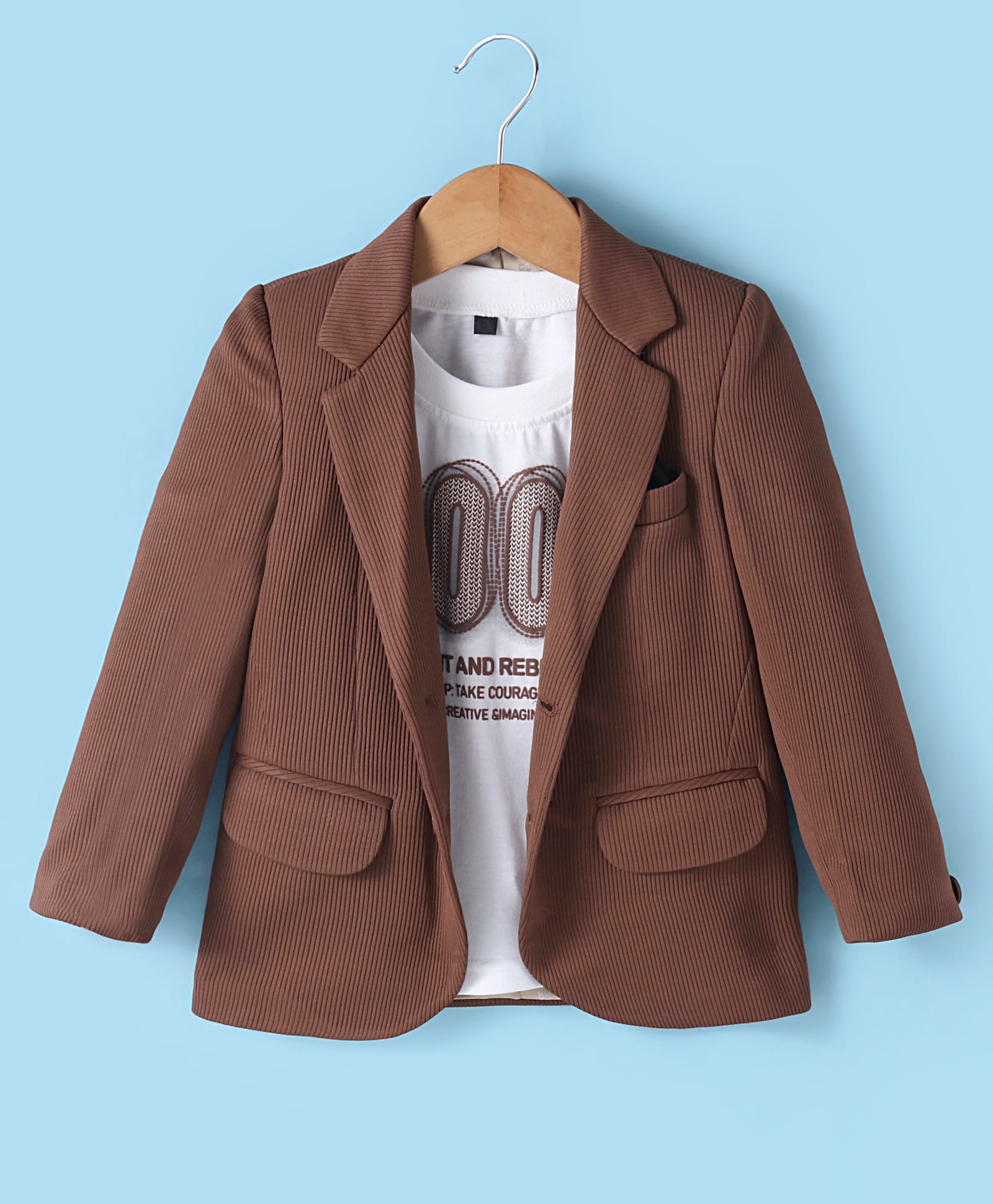 Robo Fry Woven Full Sleeves Solid Colour Blazer & Text Printed Text - Brown & White-image-6