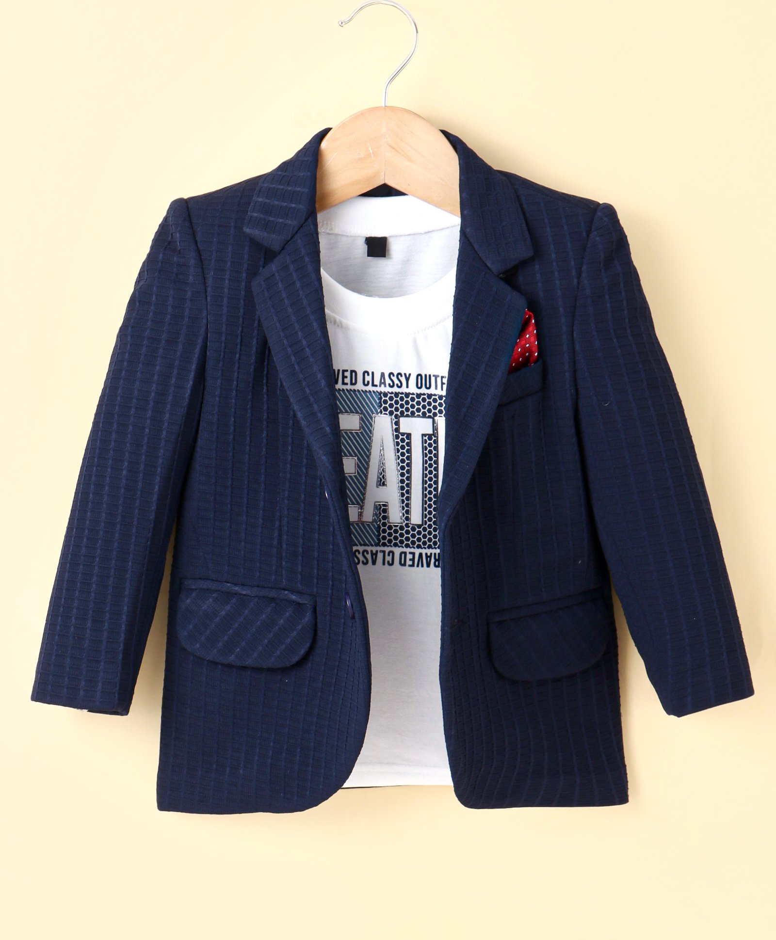 Robo Fry Knit Full Sleeves Textured Blazer with Text Printed T-Shirt - Navy Blue-picture-48