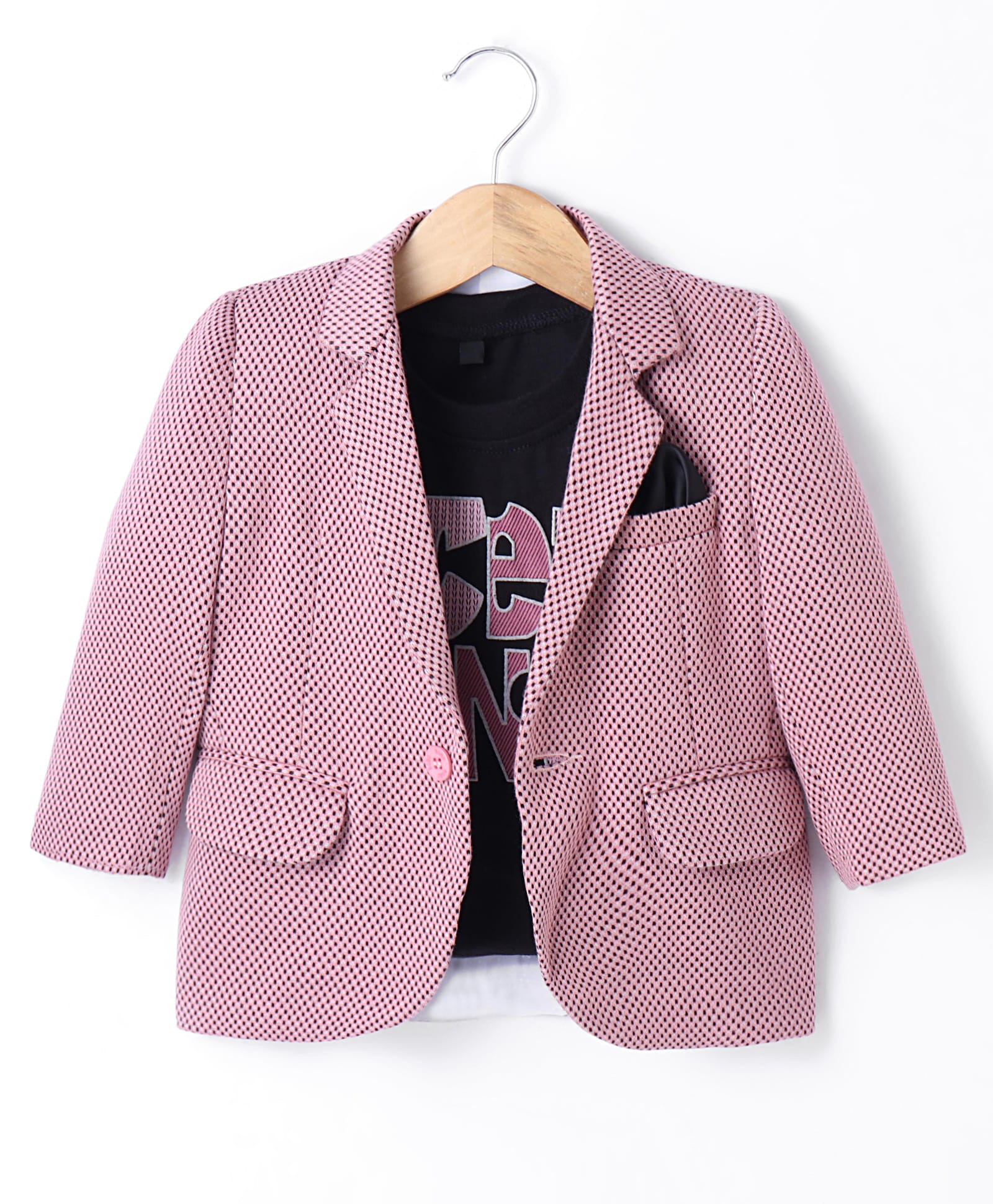 Robo Fry Knit Full Sleeves Solid Colour Textured Blazer with Text Printed T-Shirt - Pink & Black-image-46