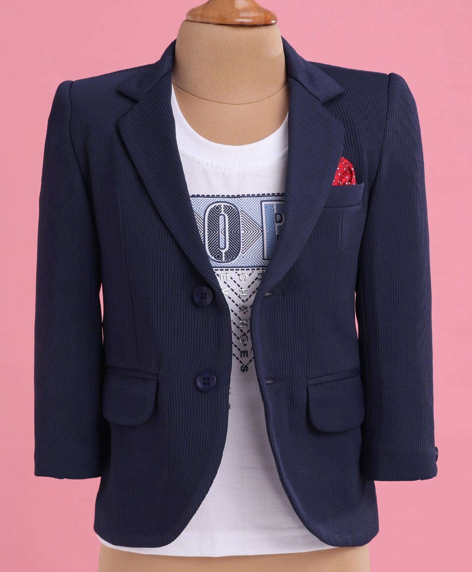 Robo Fry Woven Full Sleeves Solid Colour Blazer with Text Printed T-Shirt - Navy Blue & White-image-43