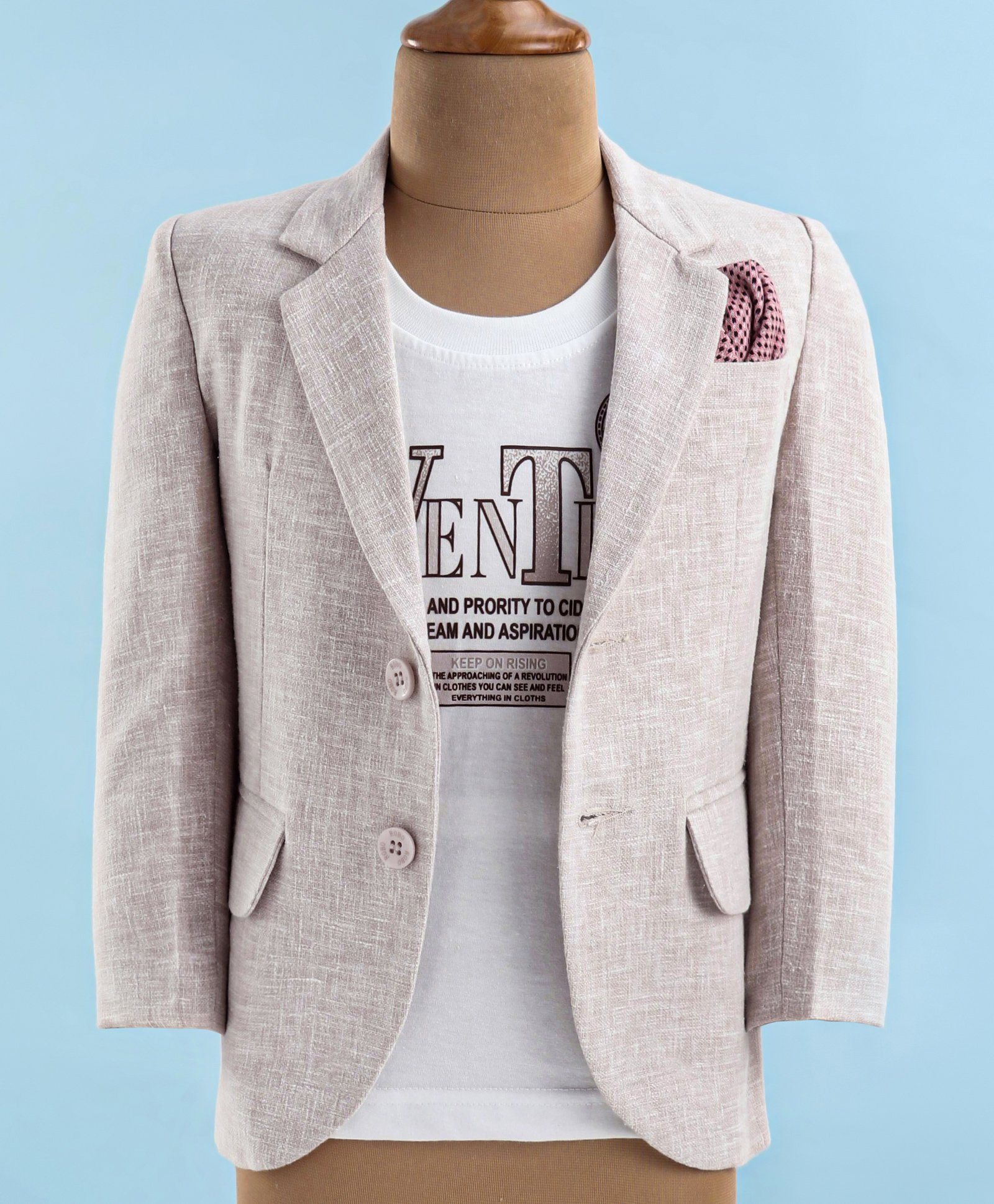 Robo Fry Linen Full Sleeves Blazer with Text Printed T-Shirt - Beige-image-8