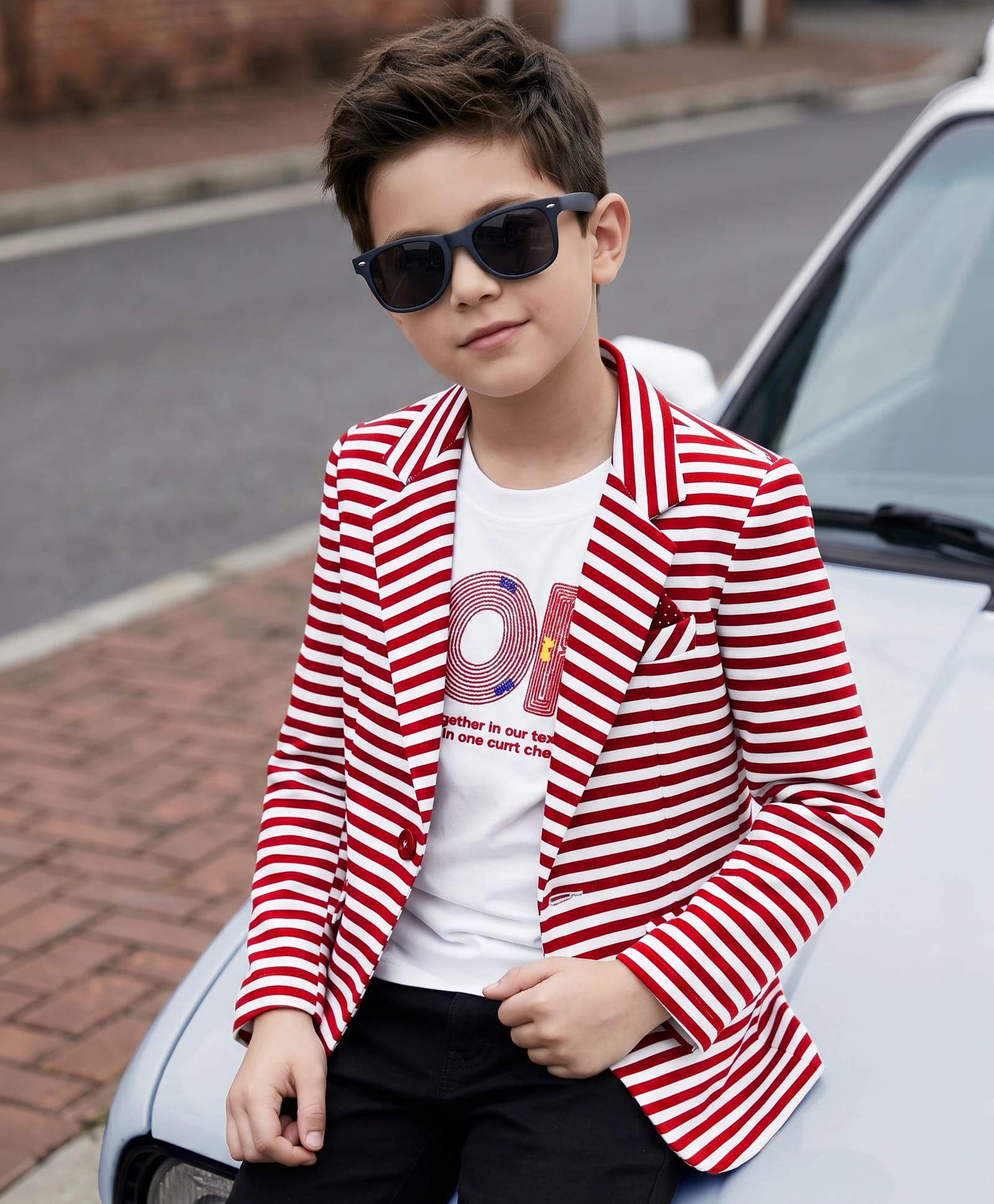 Robo Fry Lycra KnitText Printed T-Shirt & Full Sleeves Striped Blazer - Red-image-37