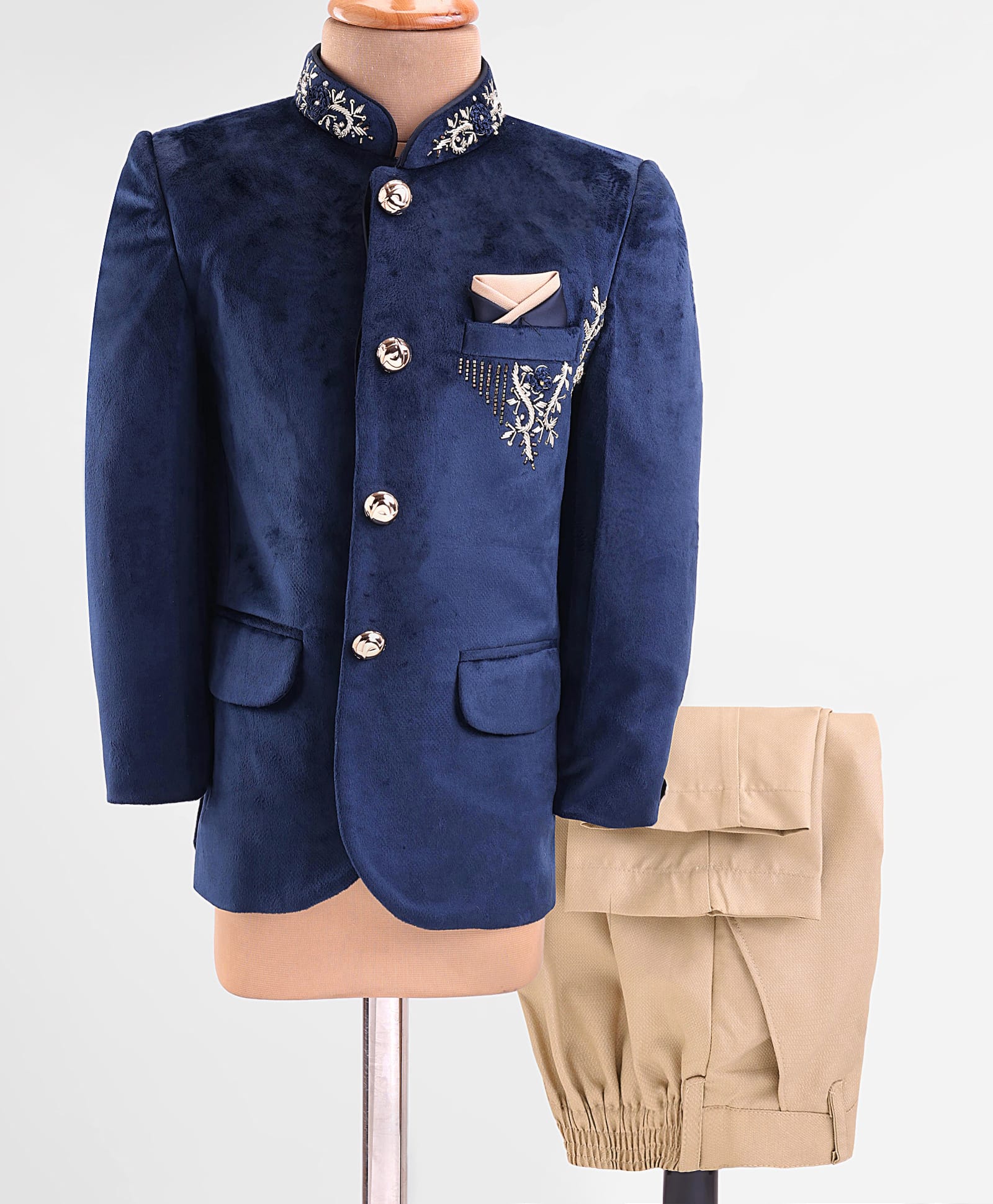 Robo Fry Full Sleeves Floral Embroidered Jodhpuri Coat with Pant - Navy Blue-picture-4