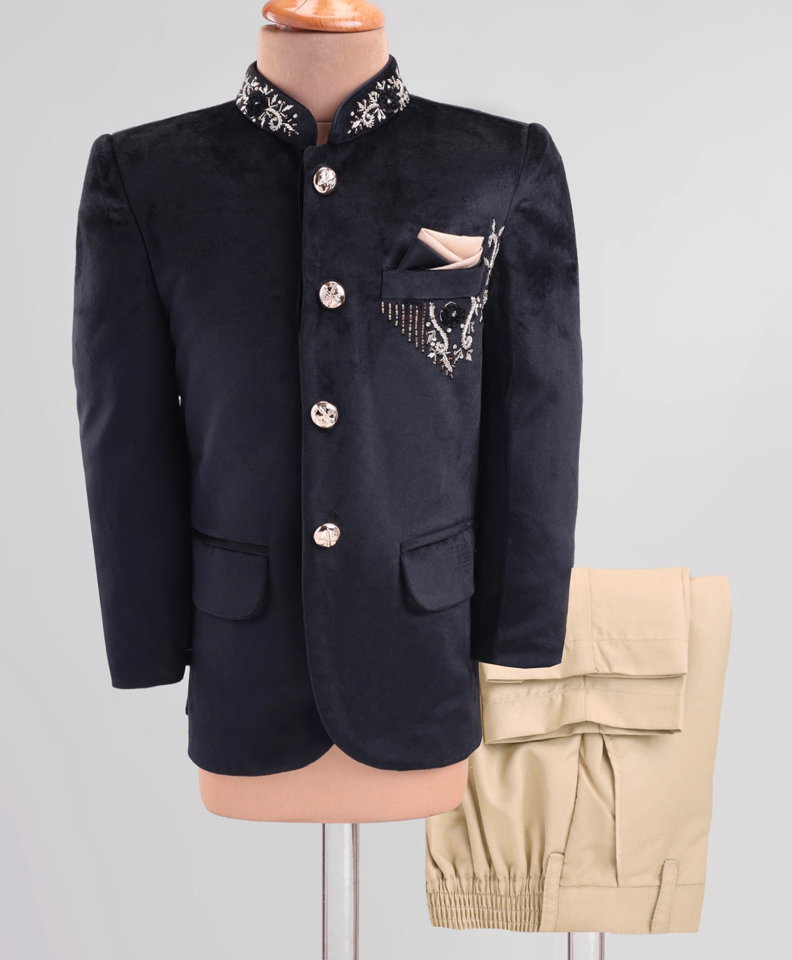 Robo Fry Full Sleeves Floral Embroidered Jodhpuri Coat with Pant - Black-picture-12