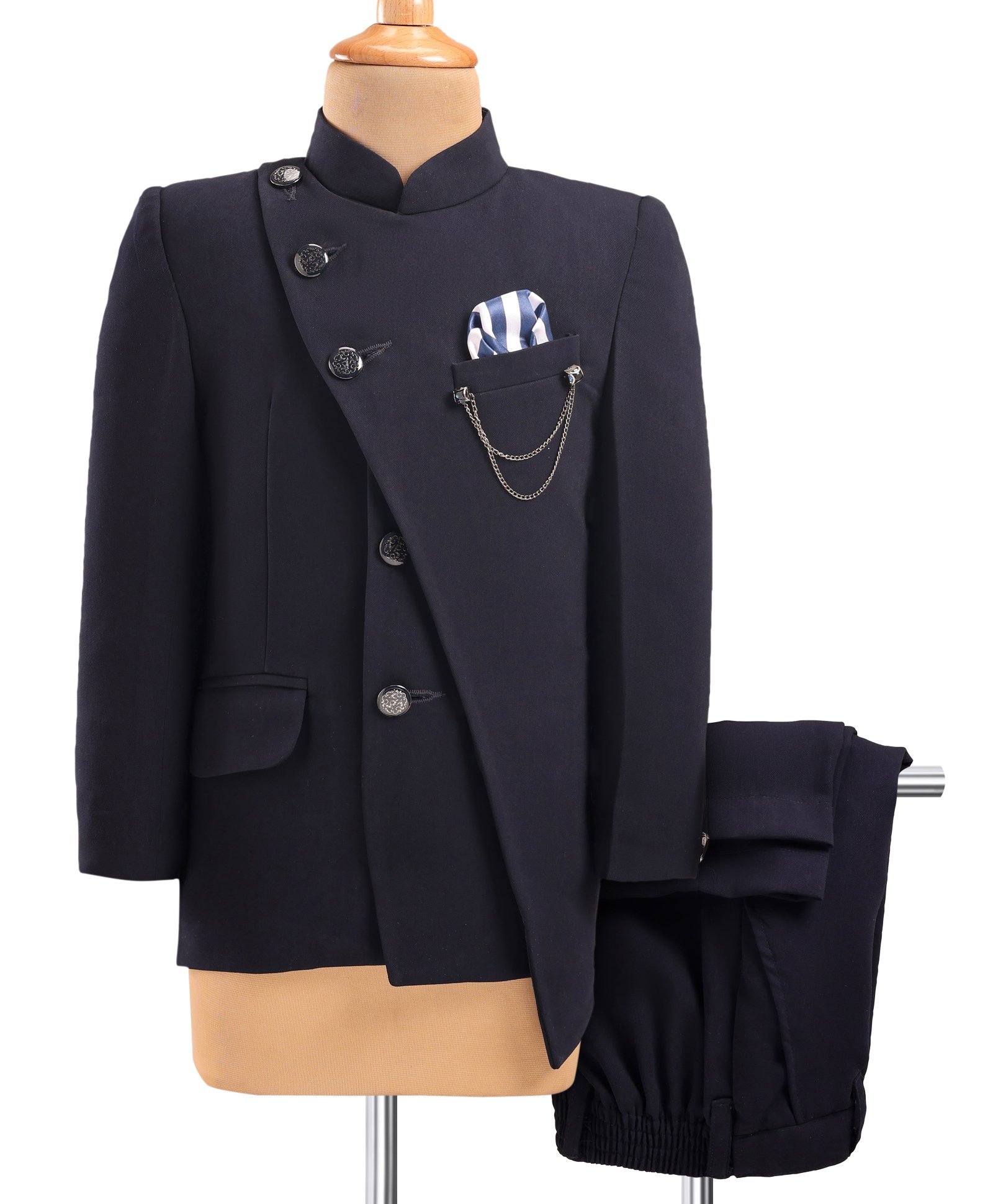 Robo Fry Knit Full Sleeves Solid Colour Jhodhpuri Coat & Trouser Set - Navy Blue-picture-27