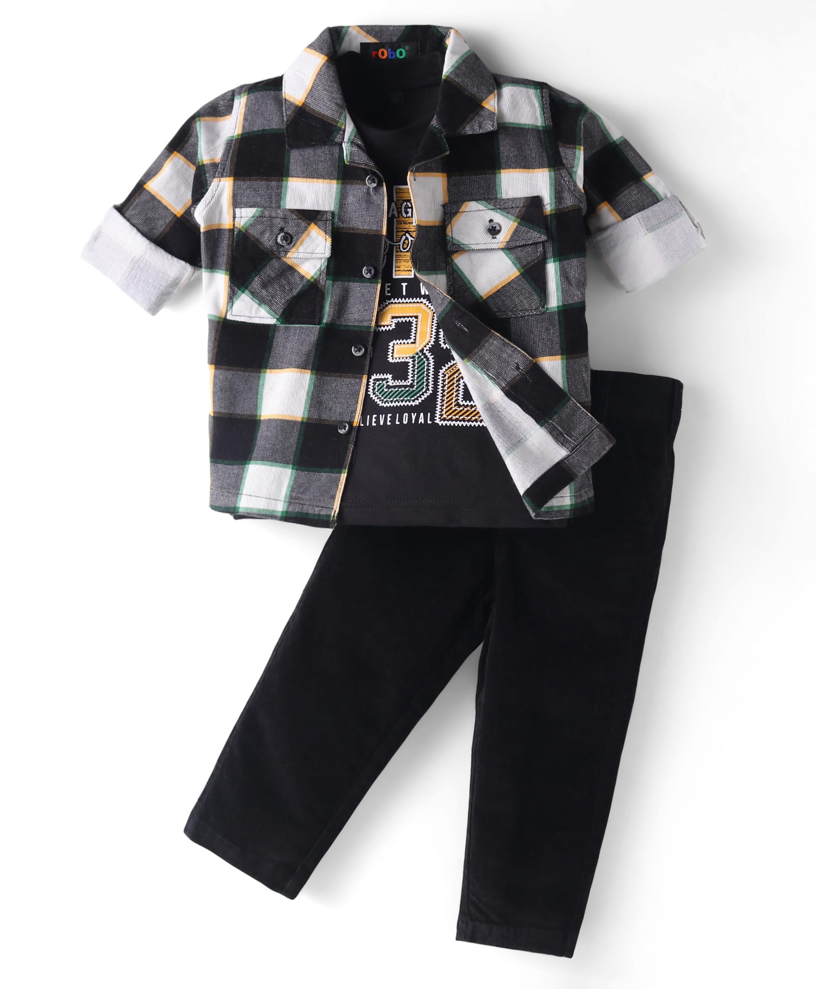 Robo Fry Cotton Woven Full Sleeves Checks Shirt & Trouser With Printed T-Shirt - Black-picture-28