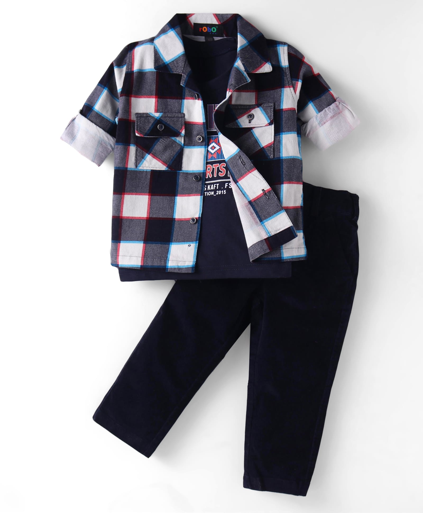 Robo Fry Cotton Woven Full Sleeves Checks Shirt & Trouser With Printed T-Shirt - Navy Blue-picture-20