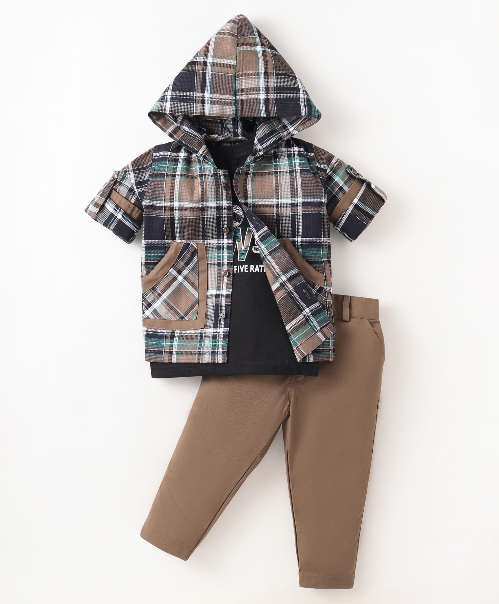 Robo Fry Cotton Woven Half Sleeves Hooded Checks Shirt & Trouser With Printed Inner Tee - Grey & Tan-image-33