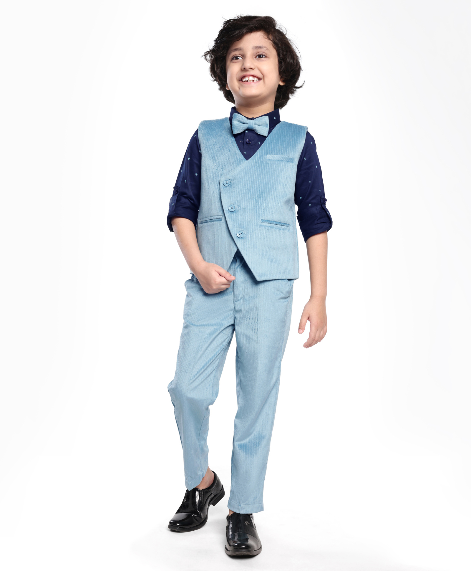 Robo Fry Woven Full Sleeves Printed 3 Piece Party Suit With Bow - Light & Navy Blue-image-46