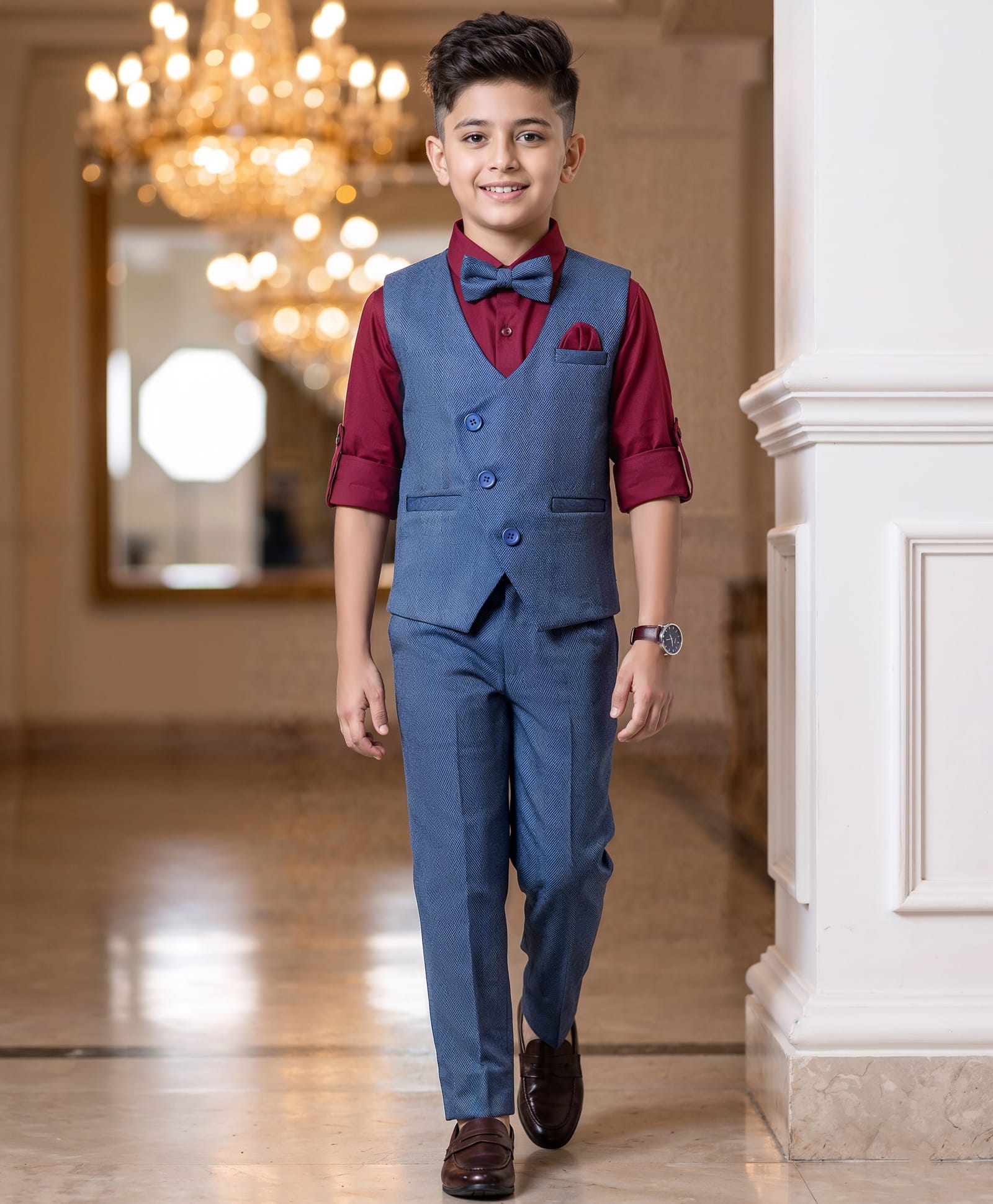 Robo Fry Woven Full Sleeves Solid Colour 3 Piece Party Suit with Bow - Charcoal Grey-image-40