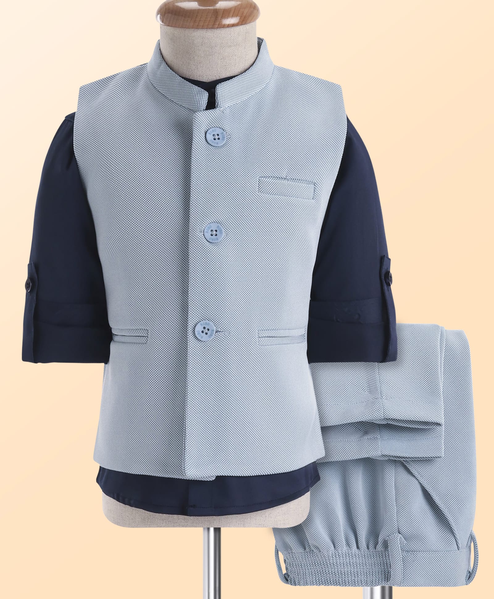 Robo Fry Woven Full Sleeves Solid Colour 3 Piece Party Suit - Black & Blue-image-4