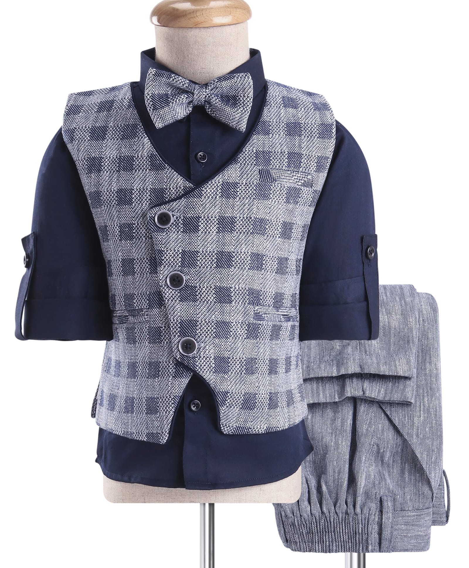 Robo Fry Woven Full Sleeves Checks 3 Piece Party Suit With Bow - Navy Blue & Gray-image-45