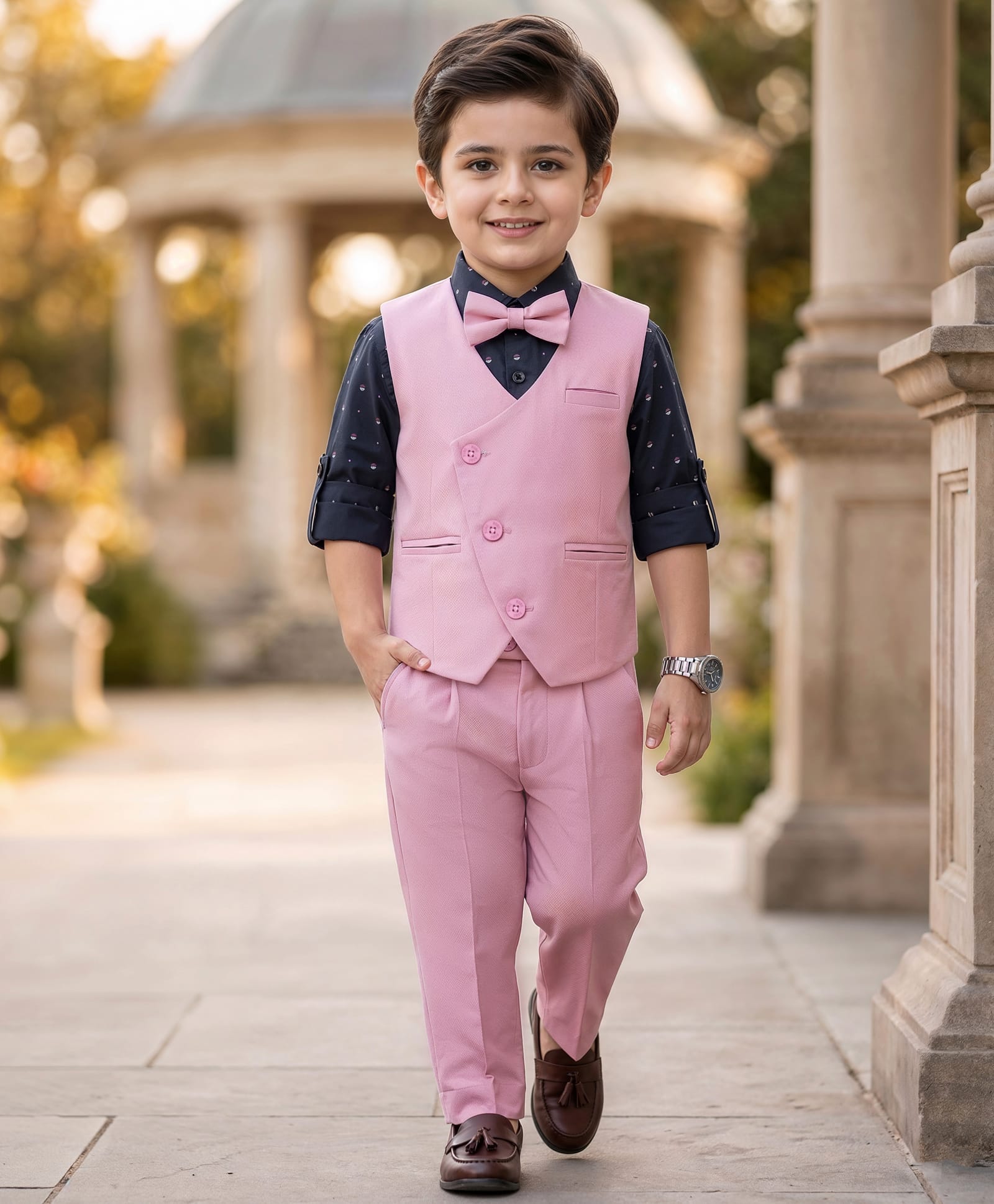 Robo Fry Woven Full Sleeves Solid Color 3 Piece Party Suit With Bow - Pink-picture-20