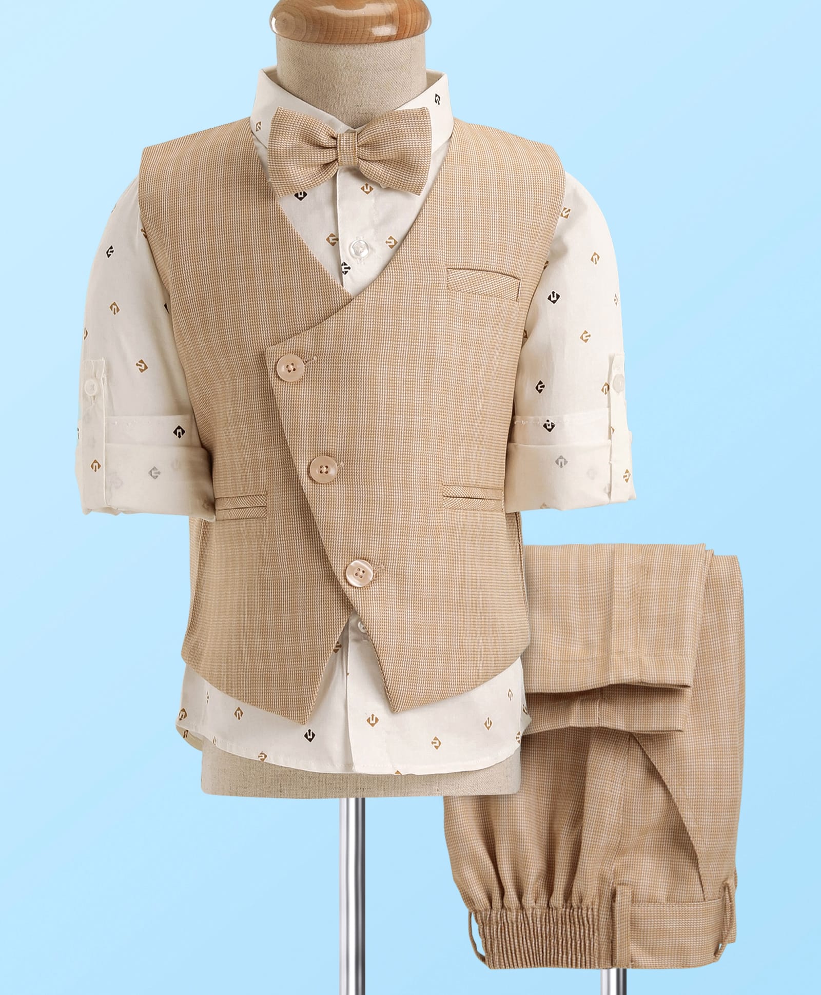 Robo Fry Woven Full Sleeves Printed 3 Piece Party Suit With Bow - Tan-picture-18
