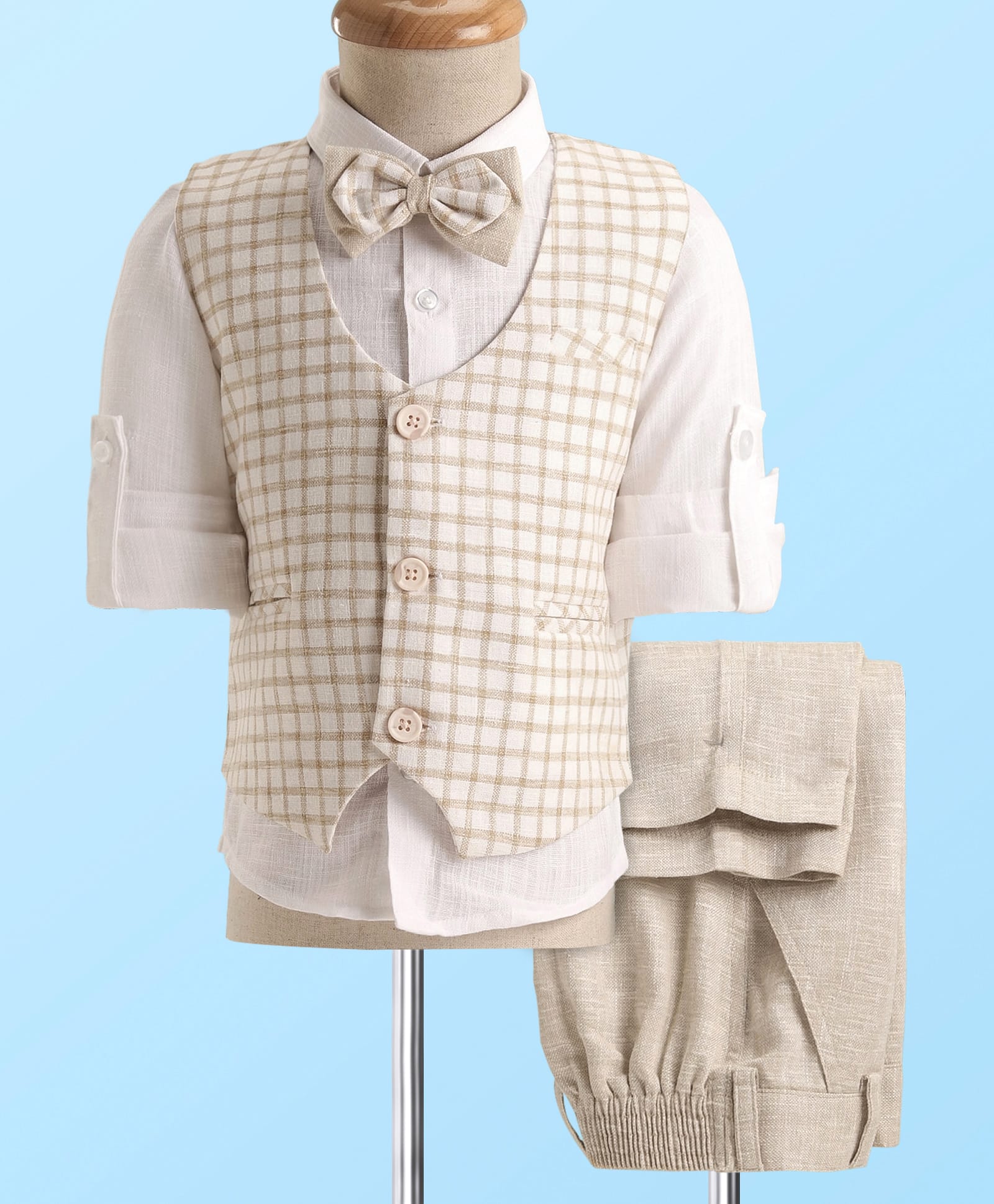 Robo Fry Woven Full Sleeves Checks 3 Piece Party Suit With Bow - White & Cream-picture-15