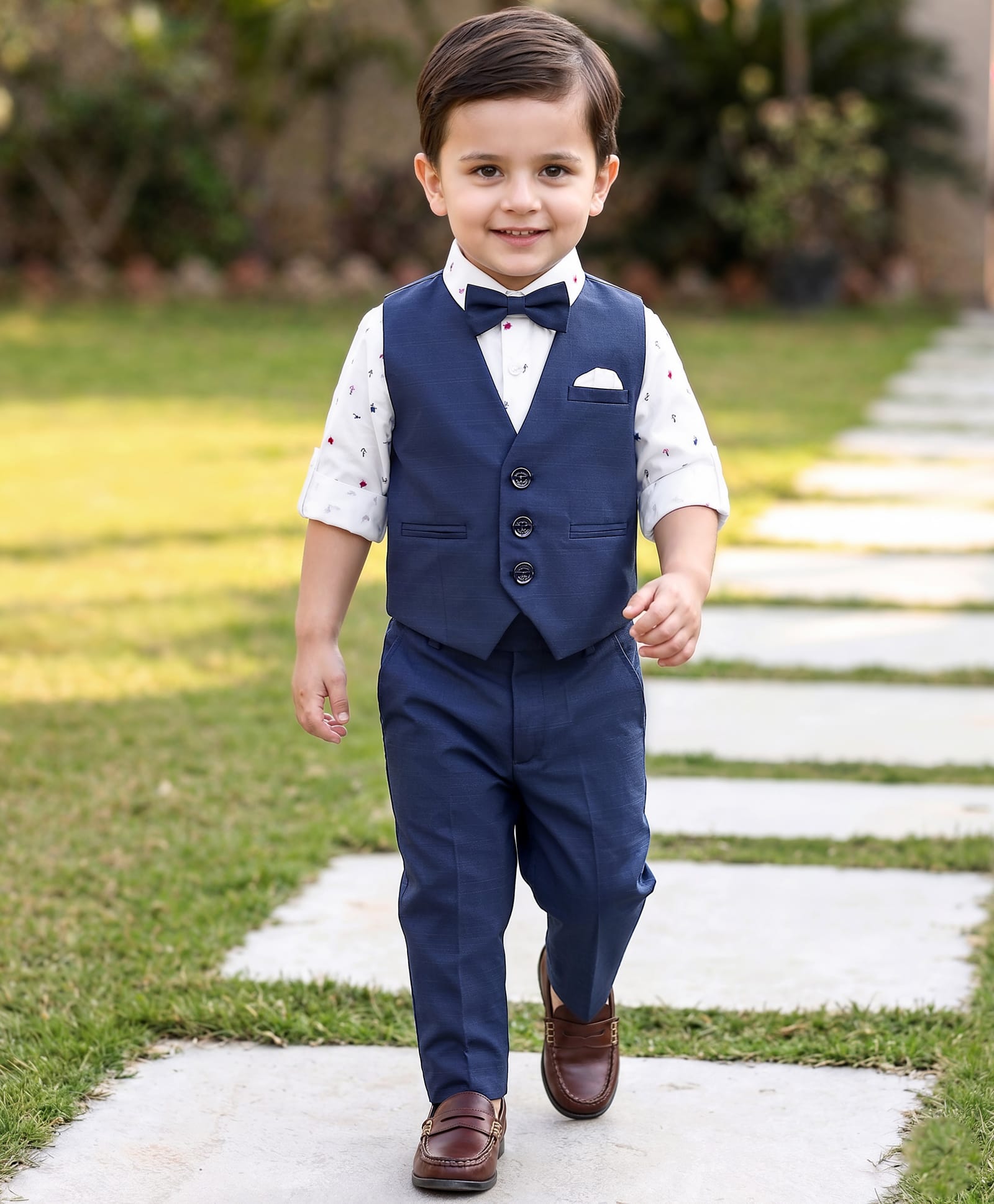 Robo Fry Woven Full Sleeves 3 Piece Party Suit with Bow - Navy Blue-picture-3