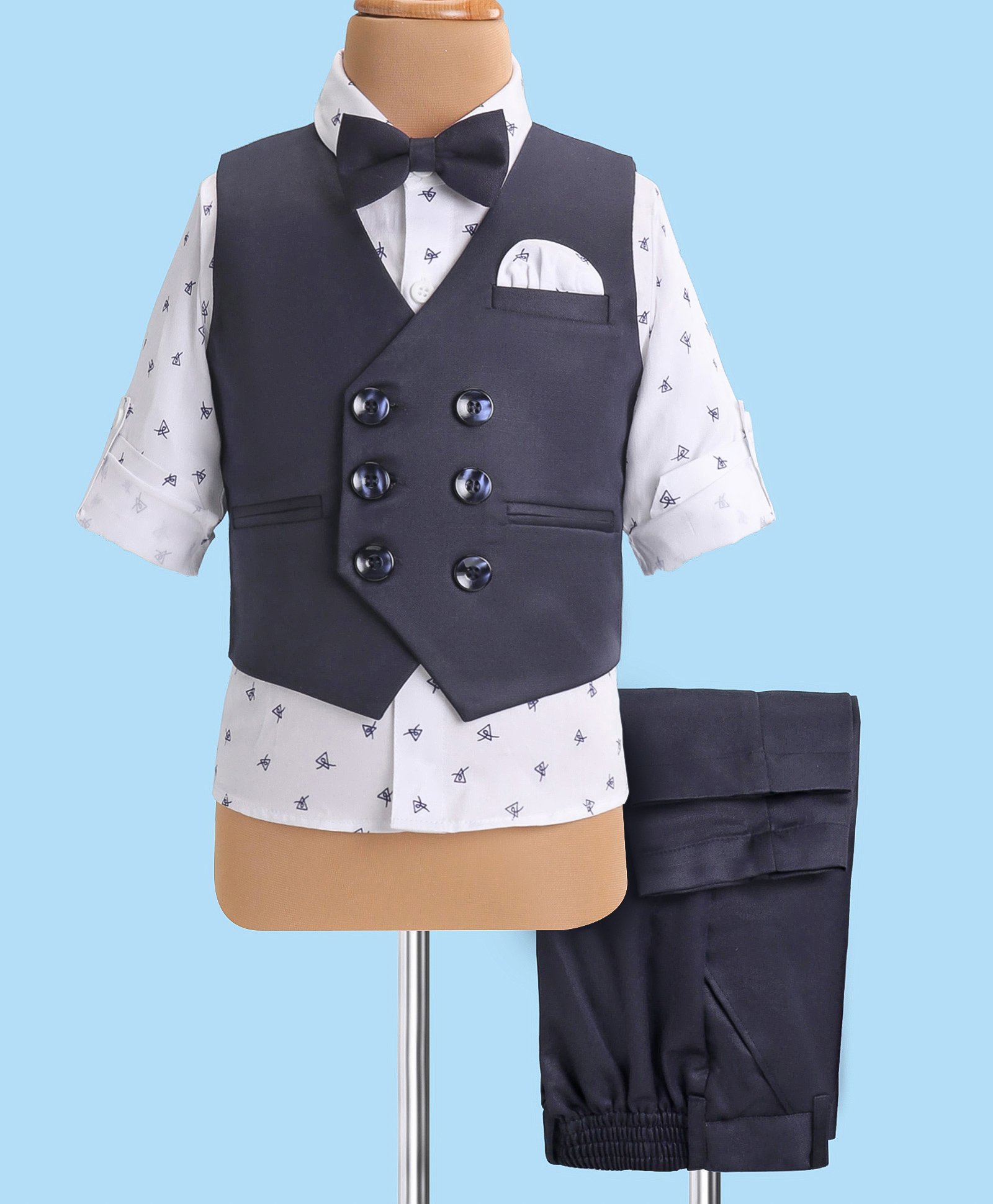 Robo Fry Woven Full Sleeves  Printed 3 Piece Party Suit with Bow - Blue-picture-25