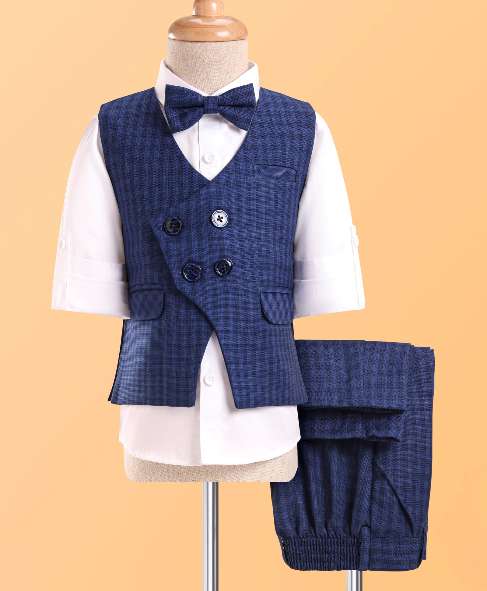 Robo Fry Woven Full Sleeves Checks 3 Piece Party Suit With Bow - Navy Blue & White-picture-17