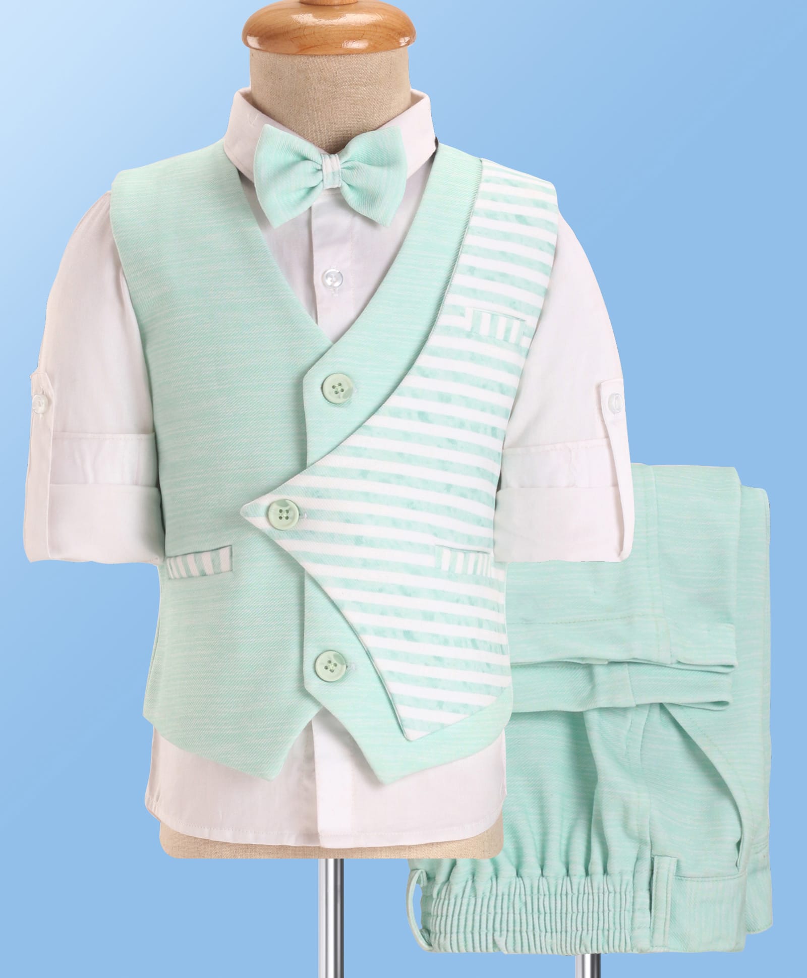 Robo Fry Woven Full Sleeves Striped 3 Piece Party Suit With Bow - Light Green-picture-12