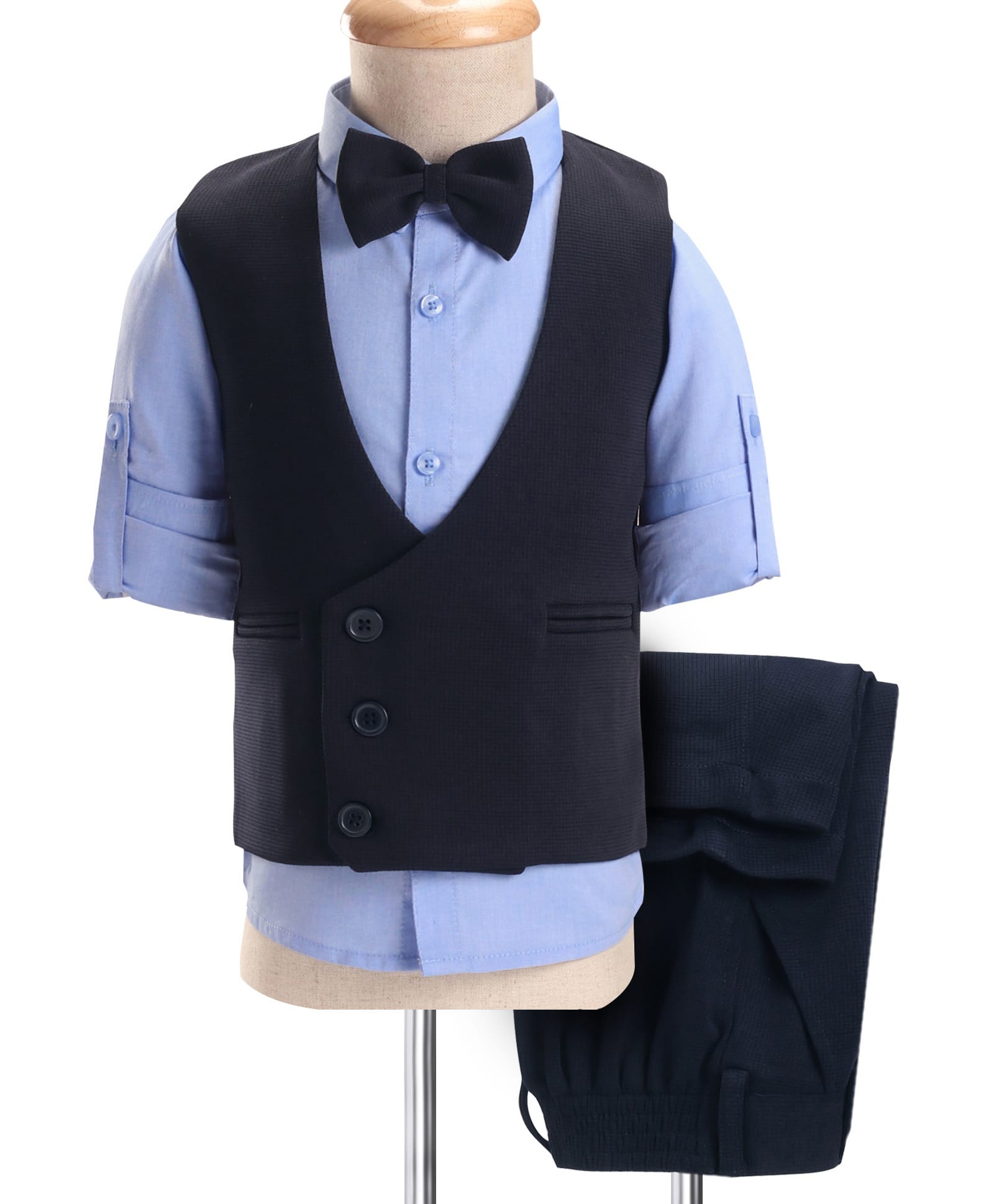 Robo Fry Woven Full Sleeves Solid Color 3 Piece Party Suit With Bow - Navy Blue-image-41