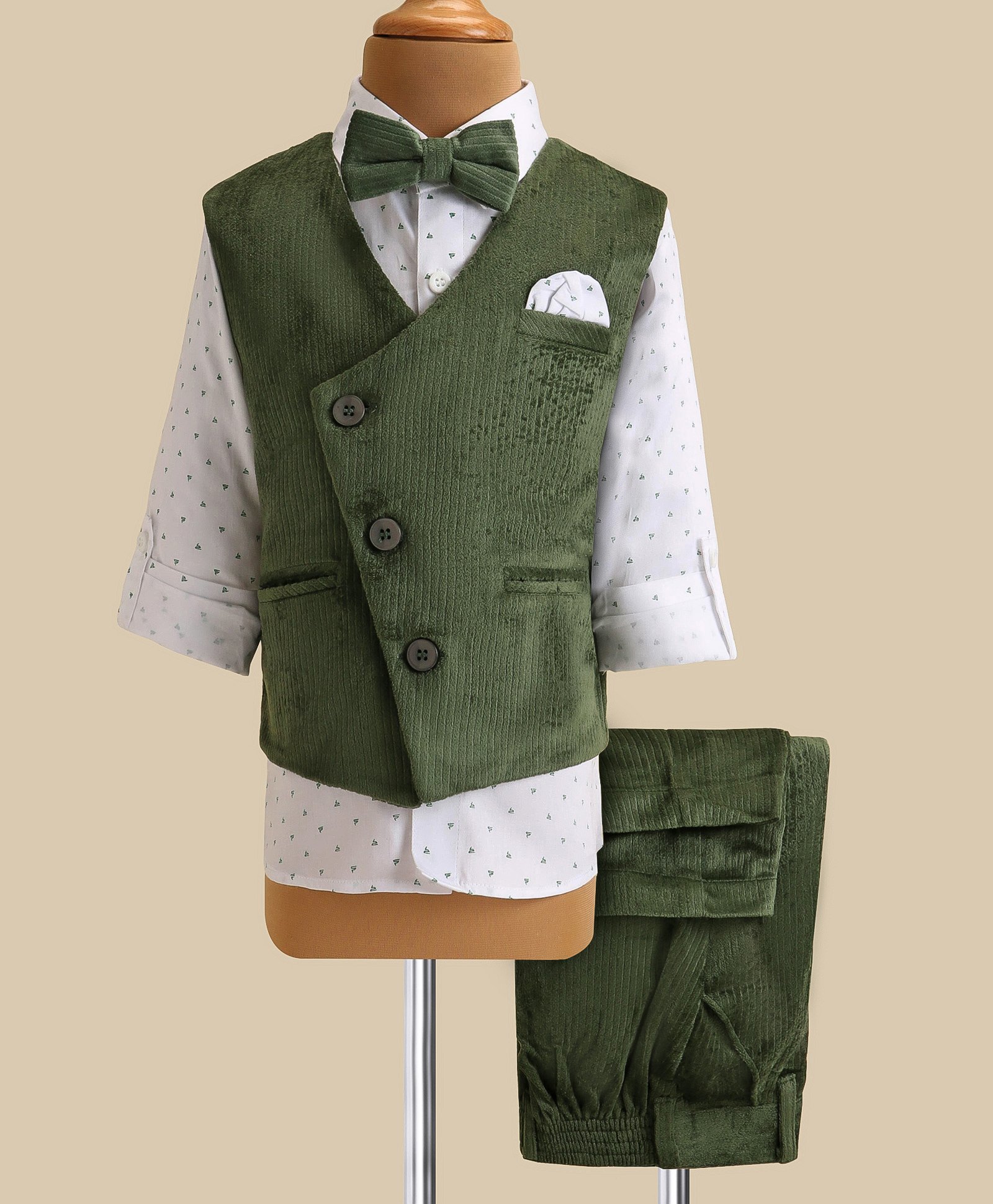 Robo Fry Woven Full Sleeves Printed 3 Piece Party Suit with Bow & Waist Coat - Green-picture-34