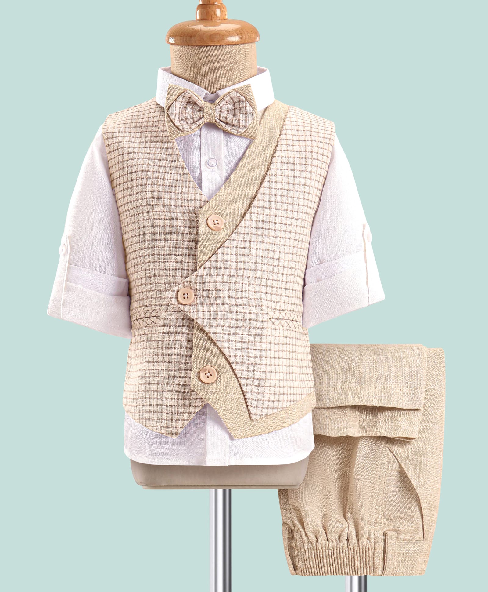 Robo Fry Linen Full Sleeves Checks 3 Pieces Party Suit with Bow - White & Beige-image-44