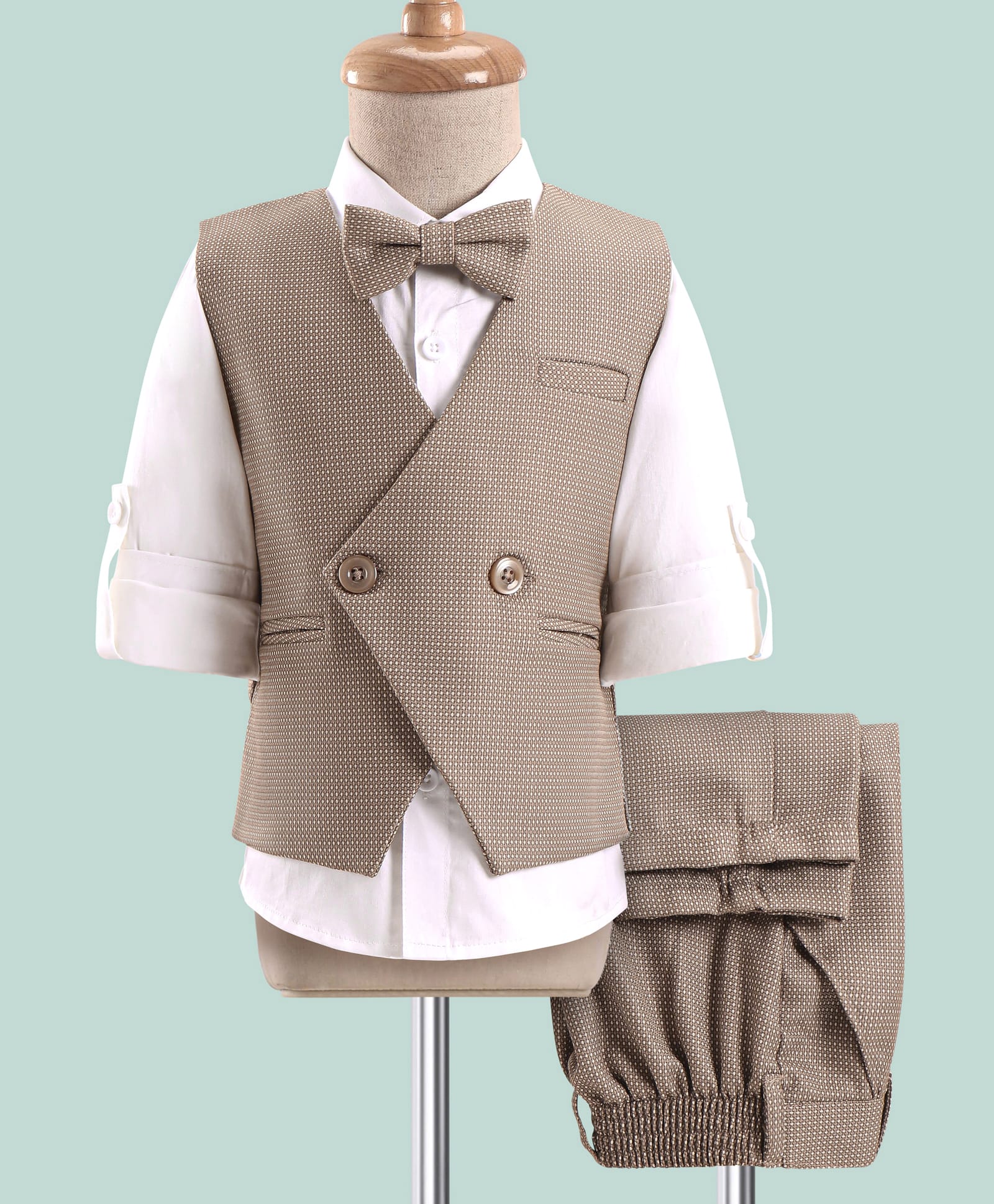 Robo Fry Full Sleeves Textured 3 Pieces Party Suit with Bow - Tan-picture-19