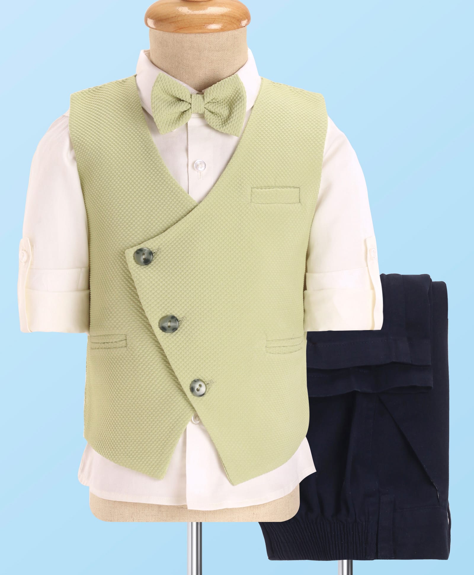 Robo Fry Woven Full SleevesTextured 3 Piece Party Suit With Bow - Olive Green-picture-3
