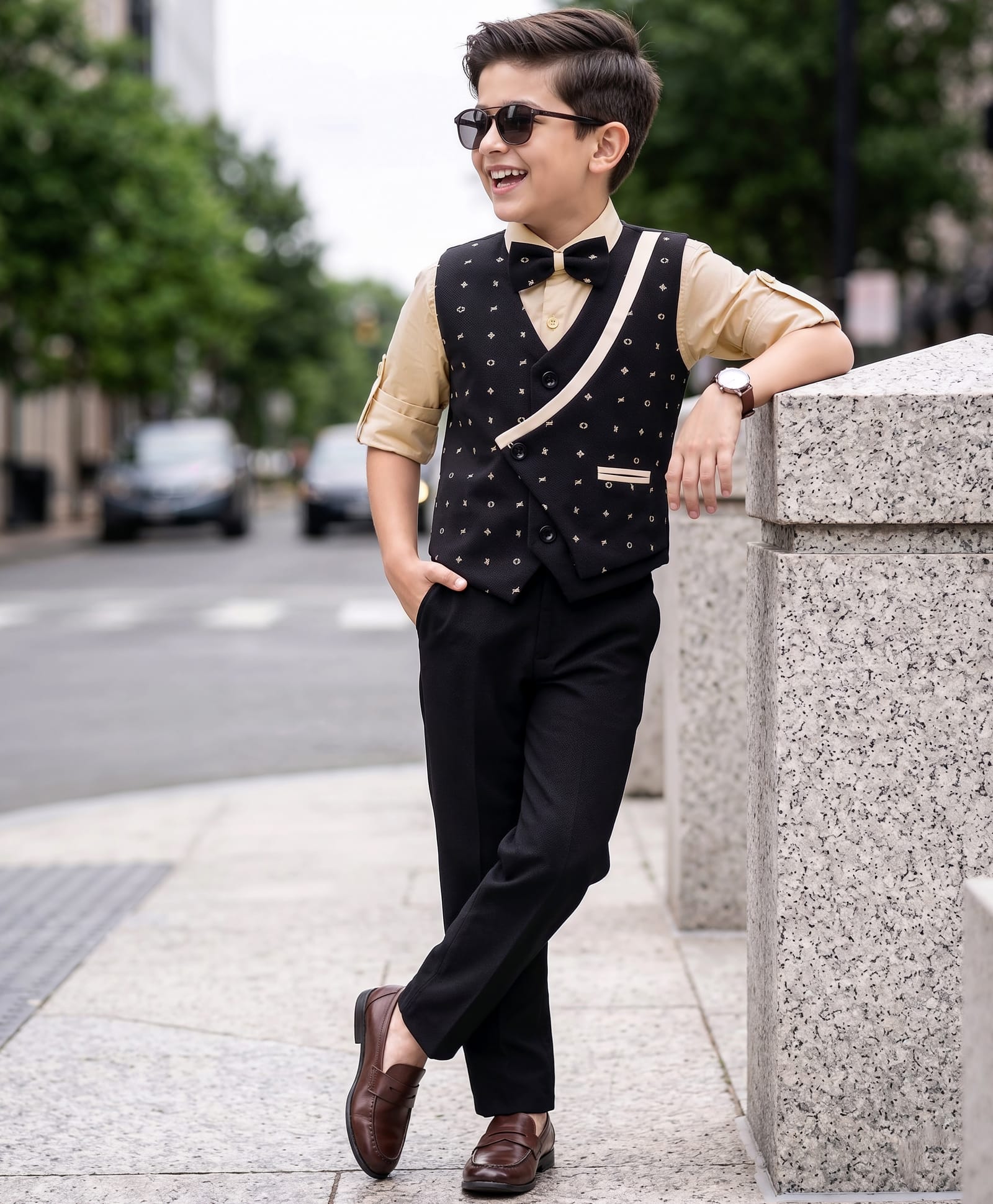 Robo Fry Woven Full Sleeves Textured & Embroidered 3 Piece Party Suit With Bow - Black-picture-39